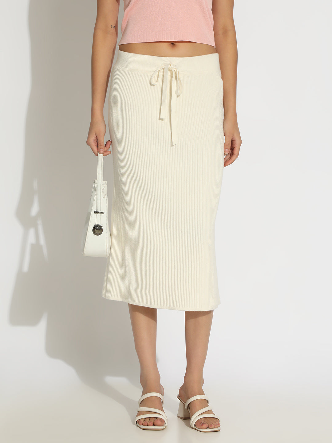Women's Ribbed Cream Midi Skirt with Back Slit