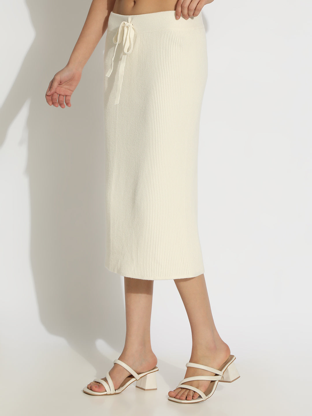 Women's Ribbed Cream Midi Skirt with Back Slit