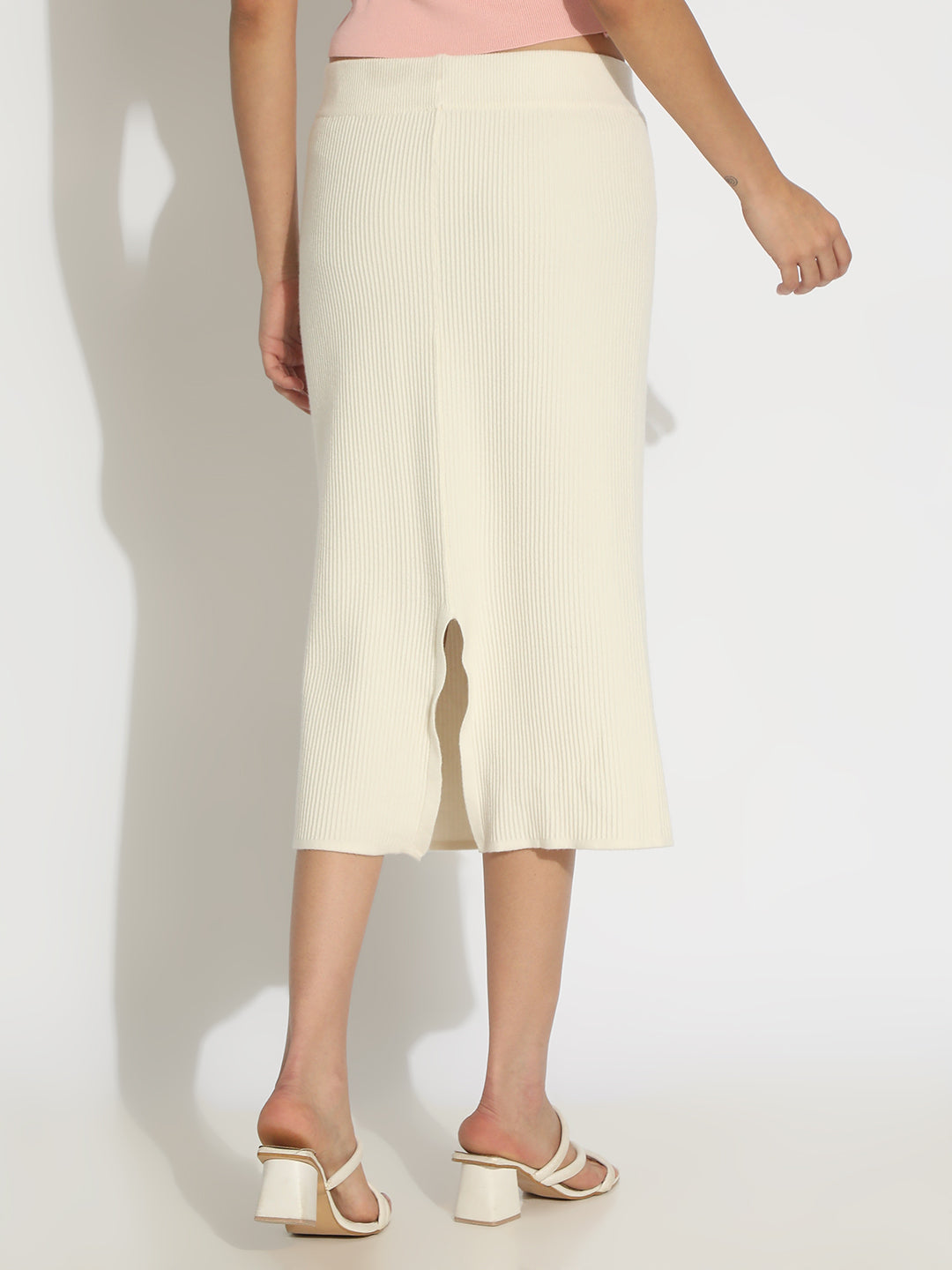 Women's Ribbed Cream Midi Skirt with Back Slit