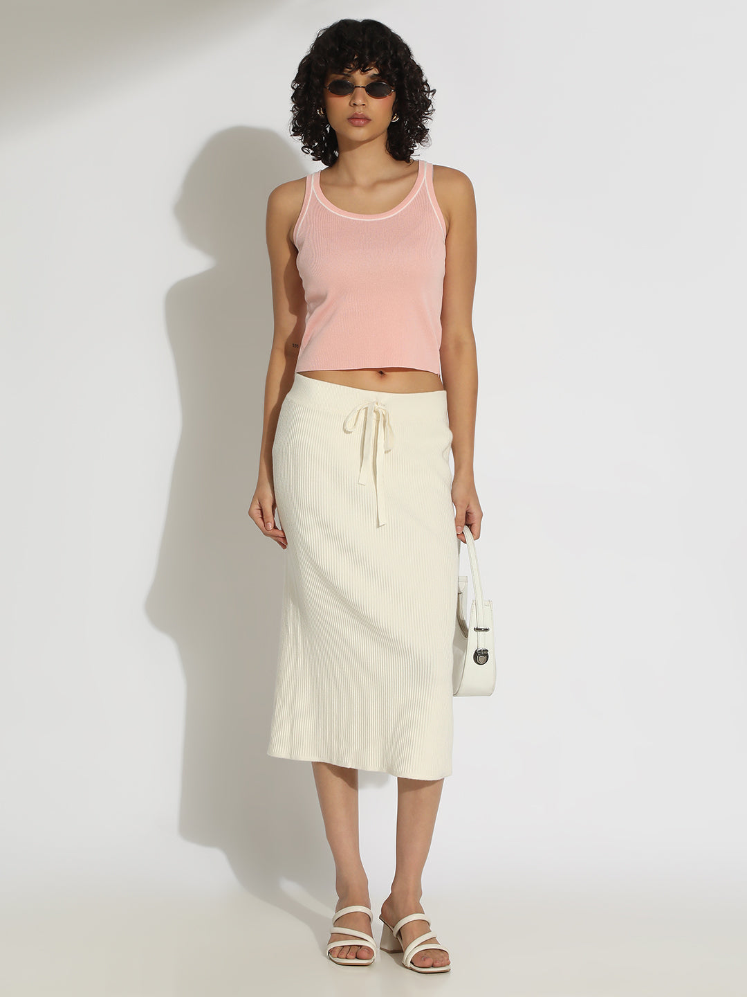 Women's Ribbed Cream Midi Skirt with Back Slit