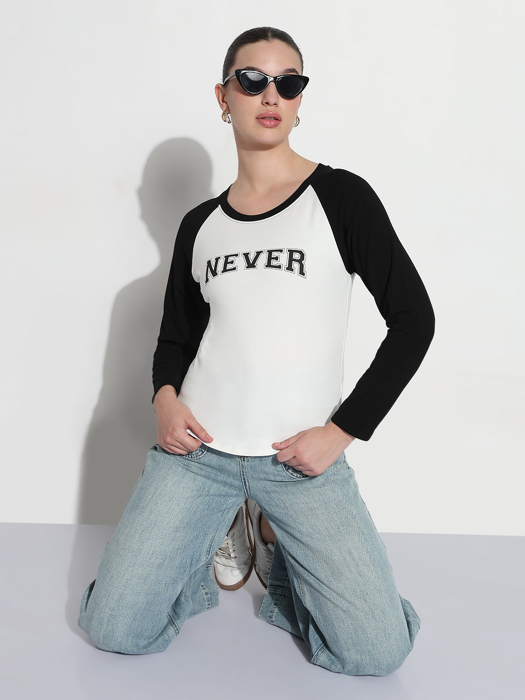 Women's Typography White Round Neck Top