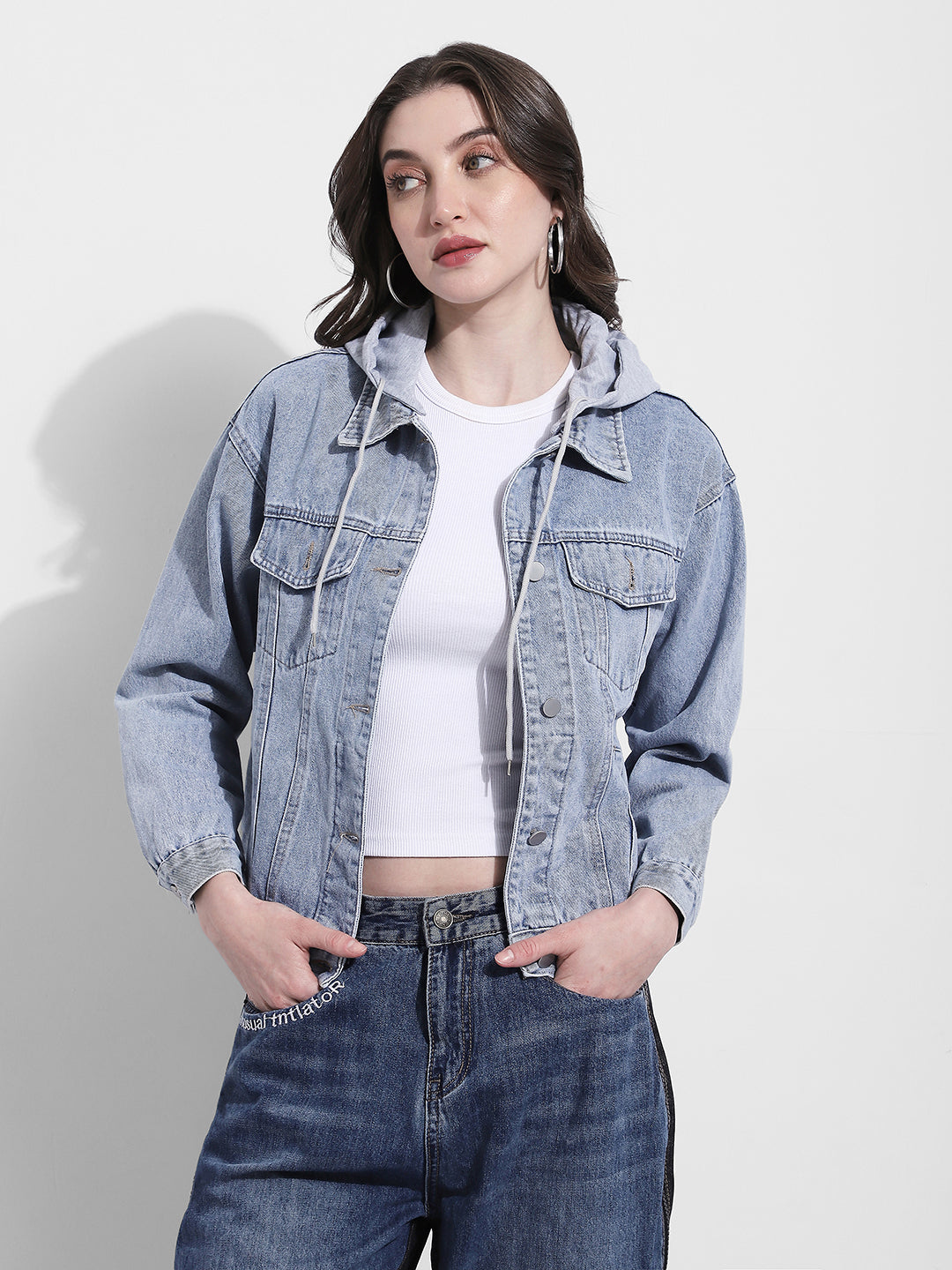 Women's Blue Grey Denim Jacket with Detachable Hood