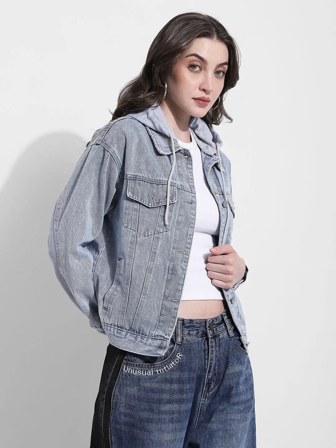 Women's Blue Grey Denim Jacket with Detachable Hood - from SHOWOFFFF