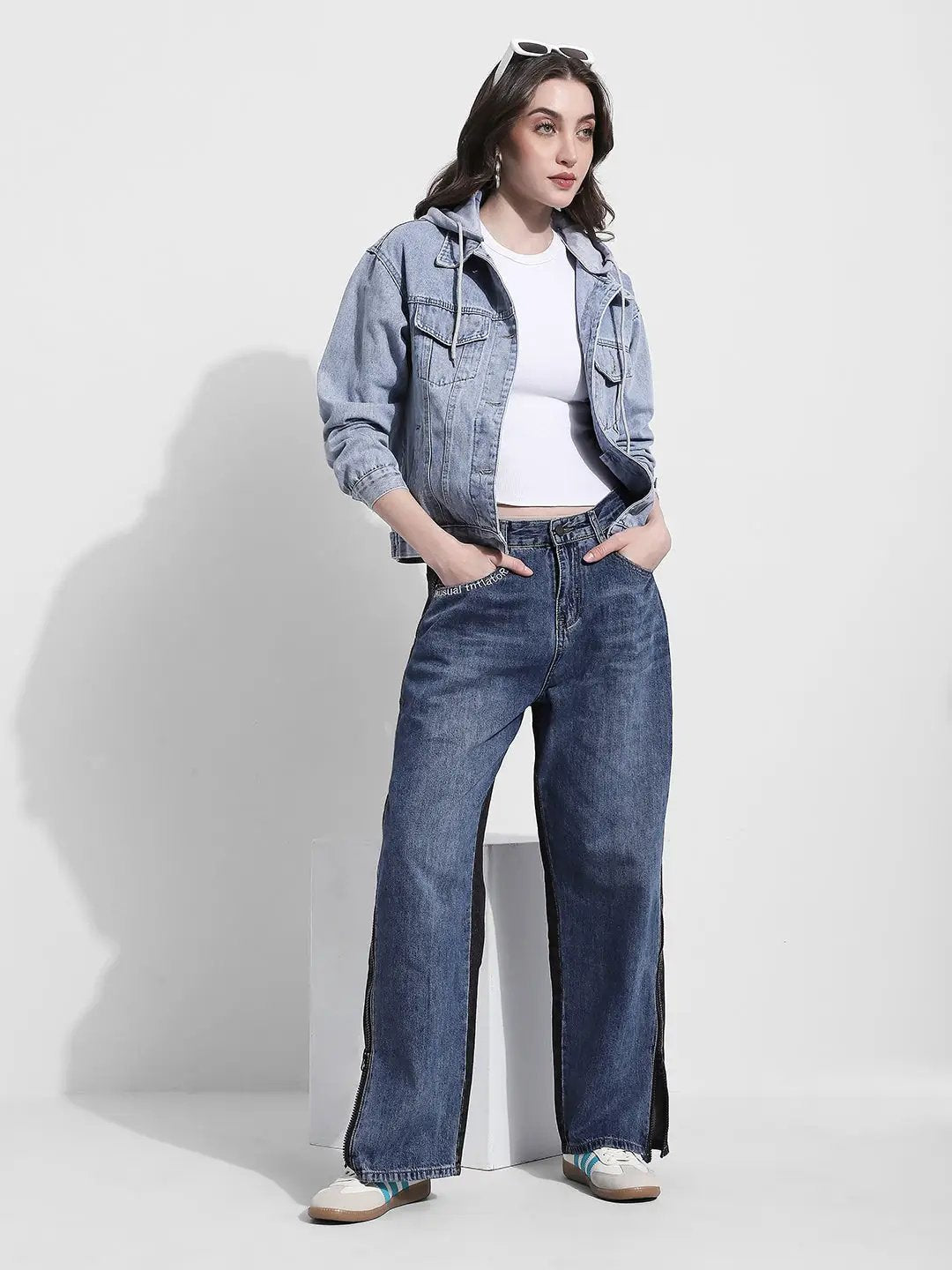 Women's Blue Grey Denim Jacket with Detachable Hood - from SHOWOFFFF