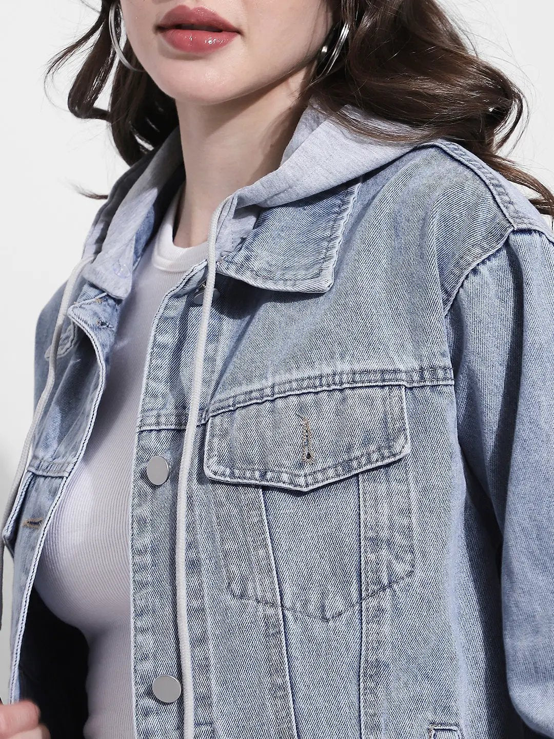 Women's Blue Grey Denim Jacket with Detachable Hood - from SHOWOFFFF