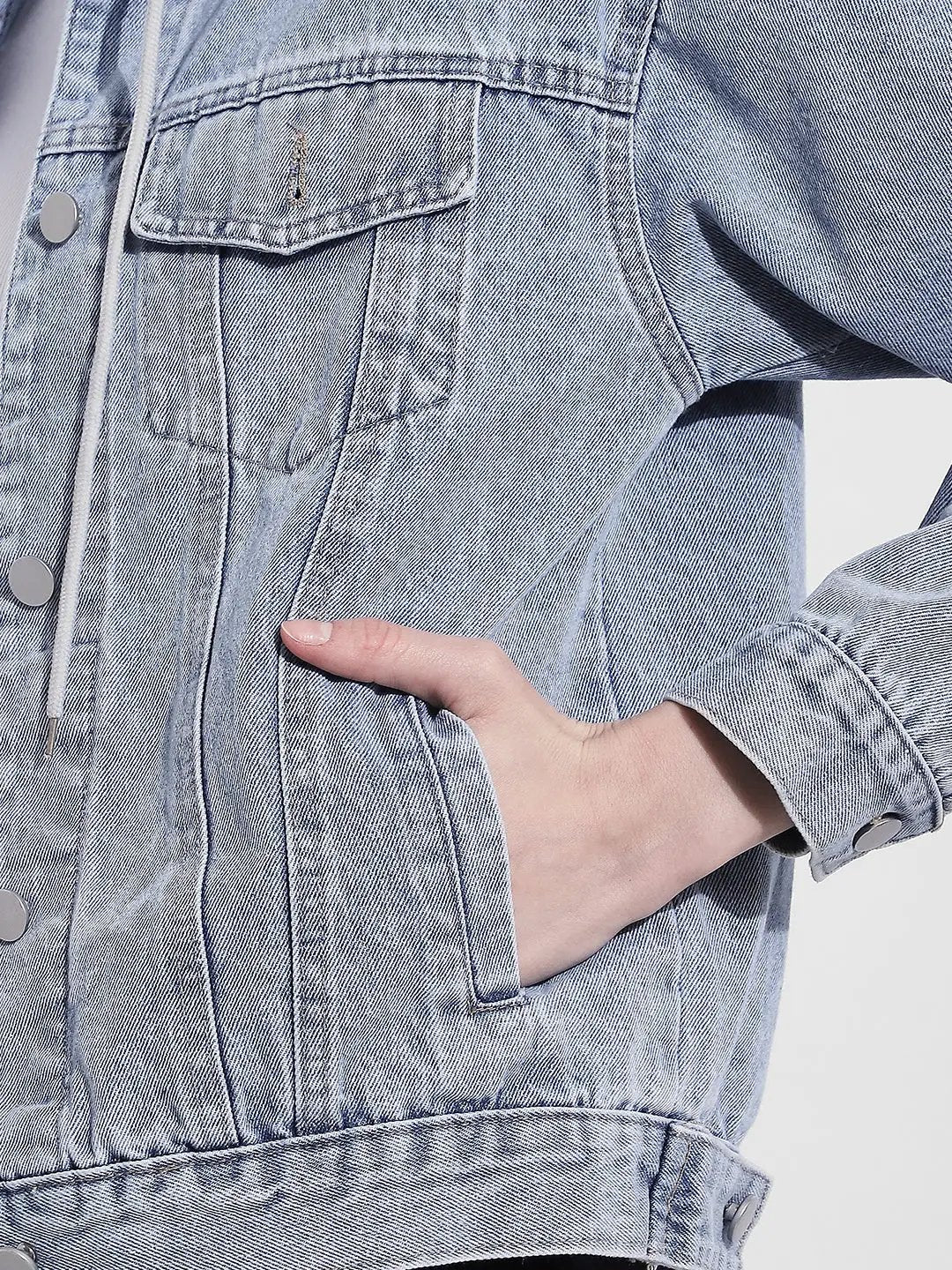 Women's Blue Grey Denim Jacket with Detachable Hood - from SHOWOFFFF