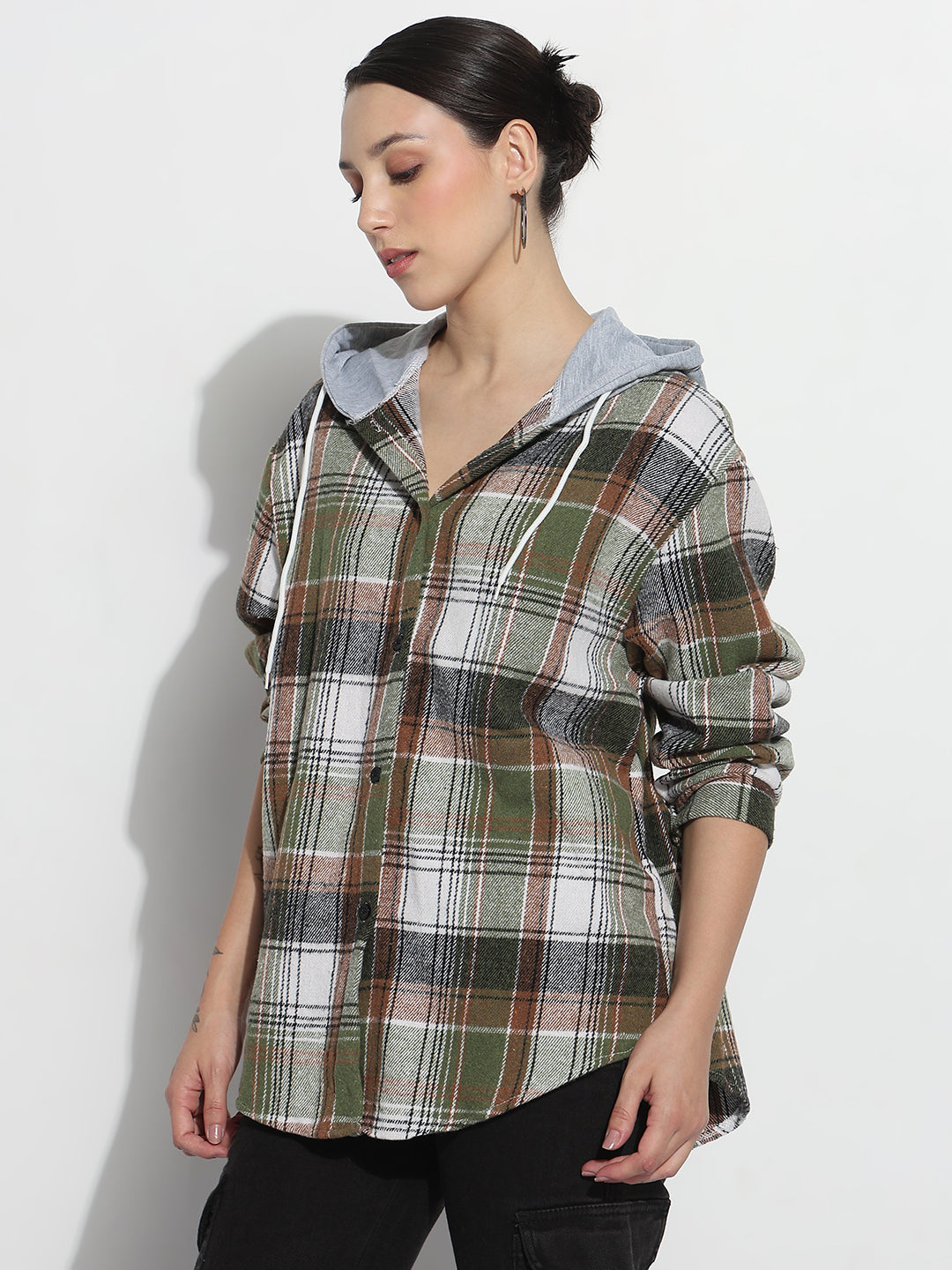 Women's Checked Green Regular Fit Shirt with Hood