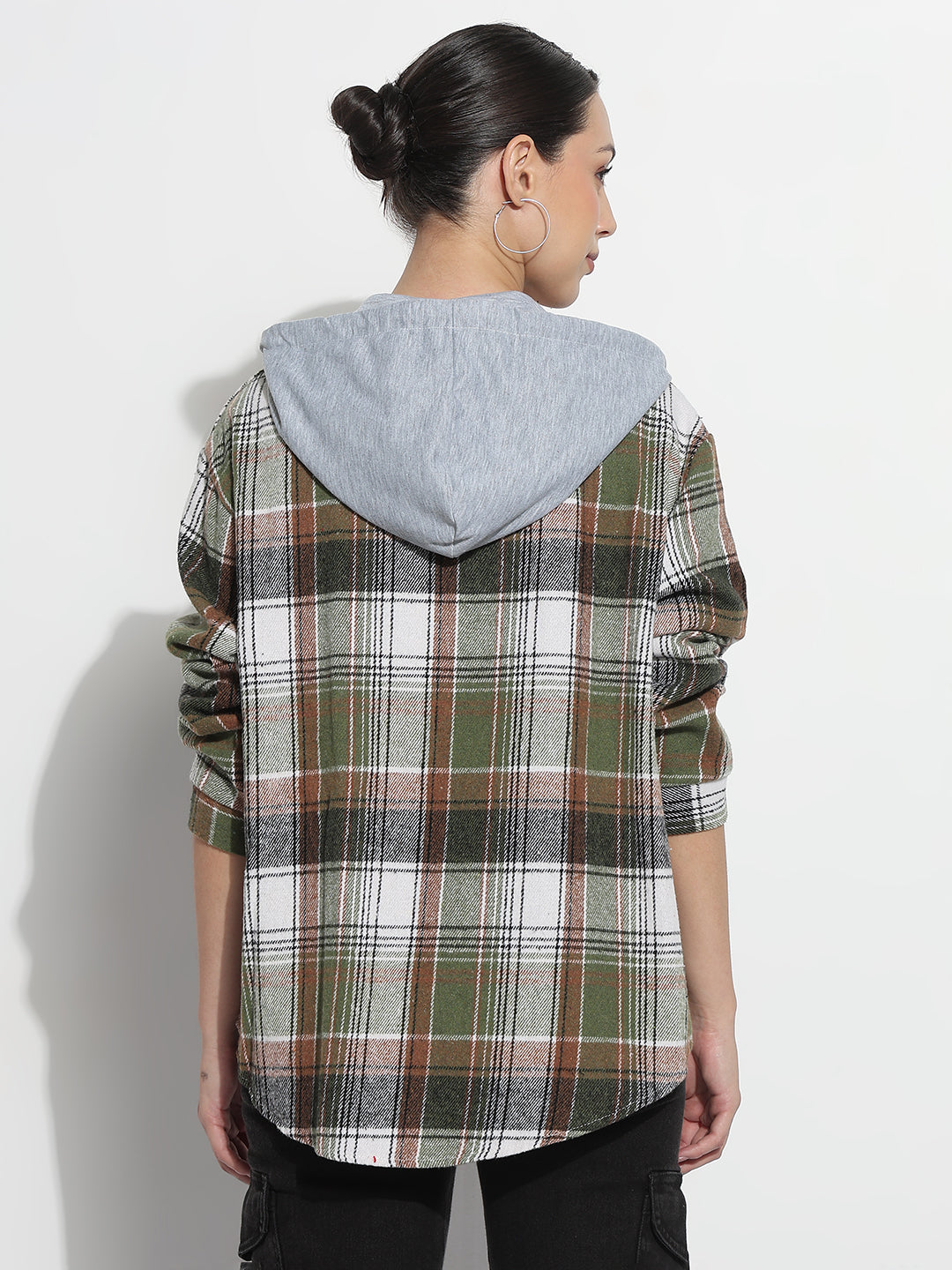 Women's Checked Green Regular Fit Shirt with Hood