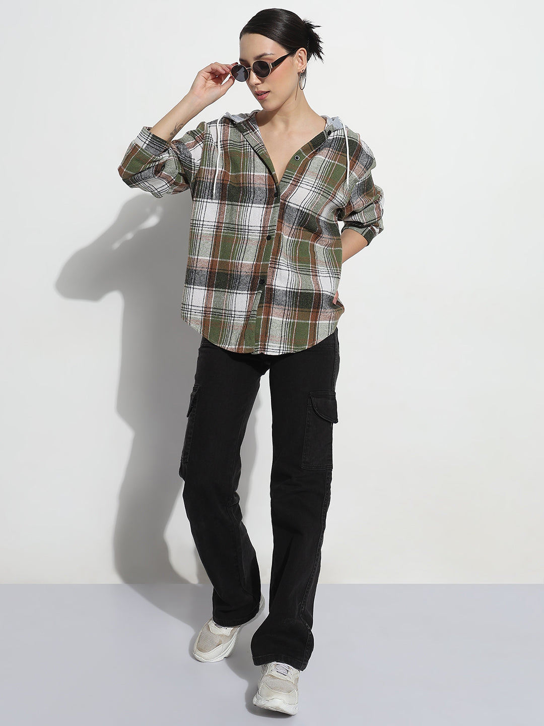 Women's Checked Green Regular Fit Shirt with Hood