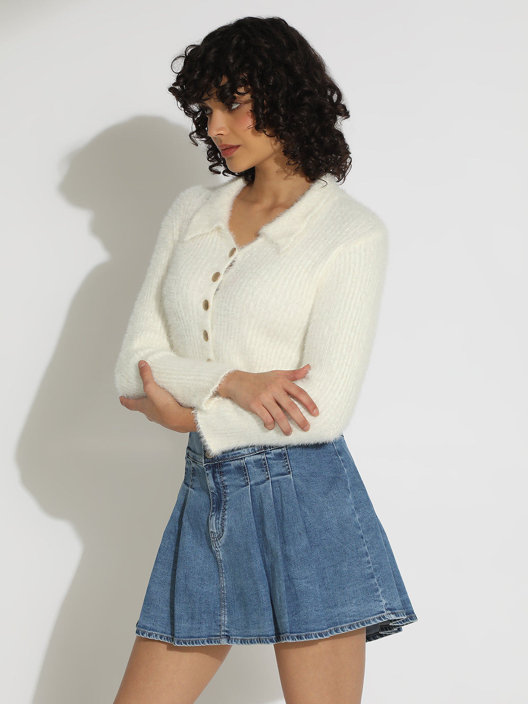 Women's Off White Ribbed Fuzzy Shirt Style Top with Gold Buttons