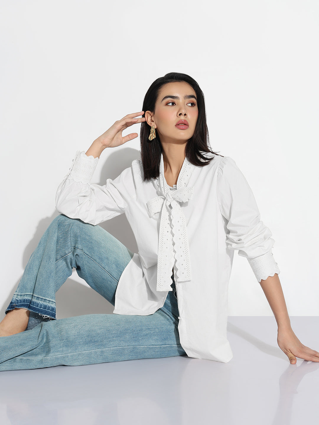 Women's Tie-Up Neck White Shirt with Lace Trim Detail