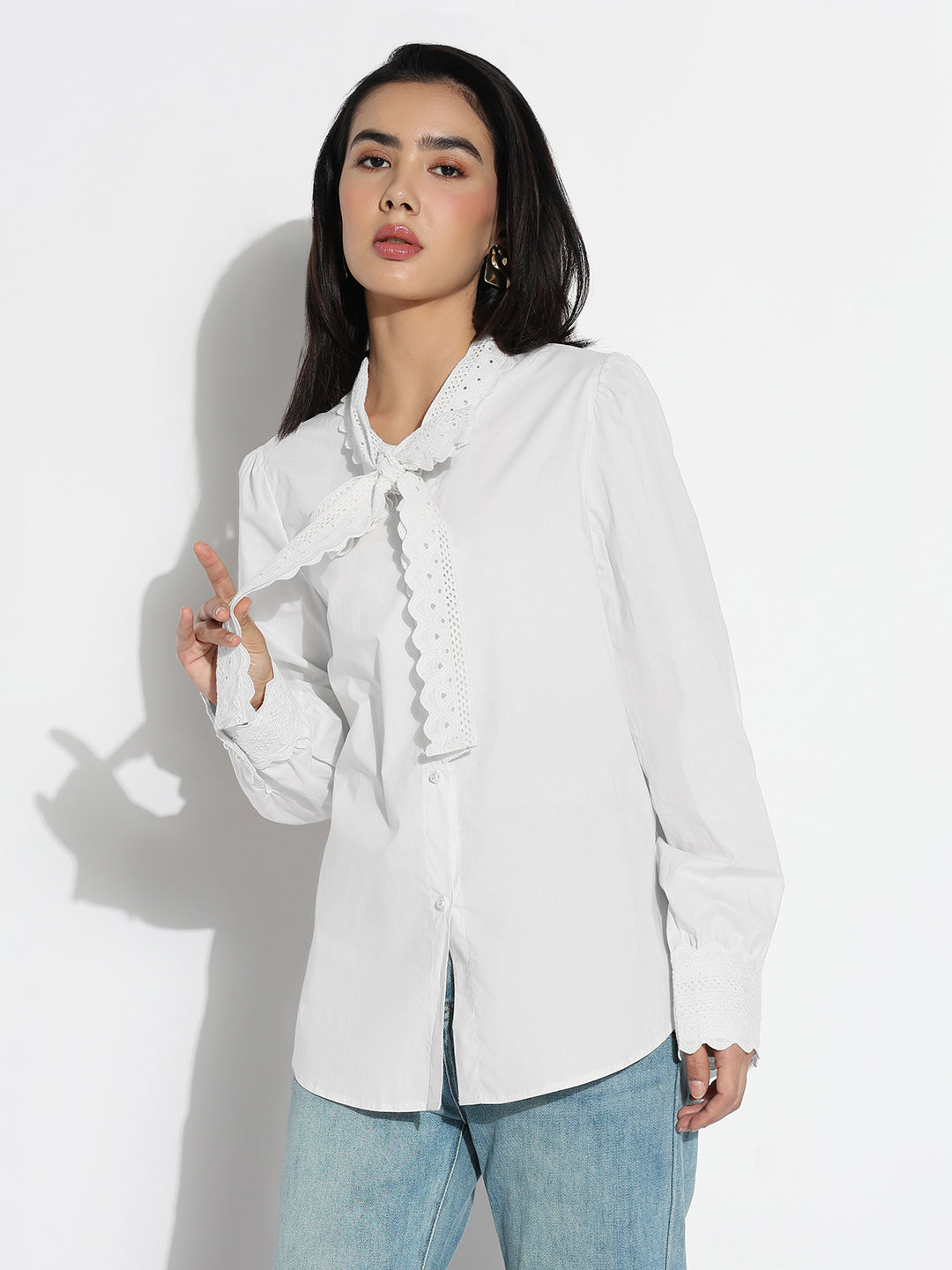 Women's Tie-Up Neck White Shirt with Lace Trim Detail