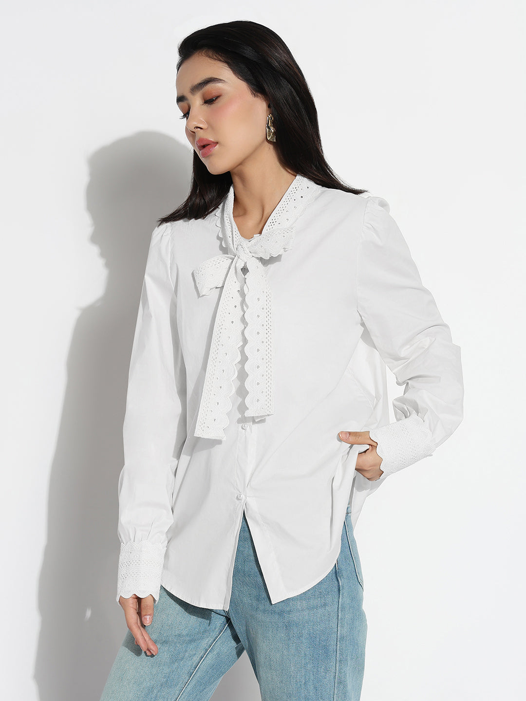 Women's Tie-Up Neck White Shirt with Lace Trim Detail