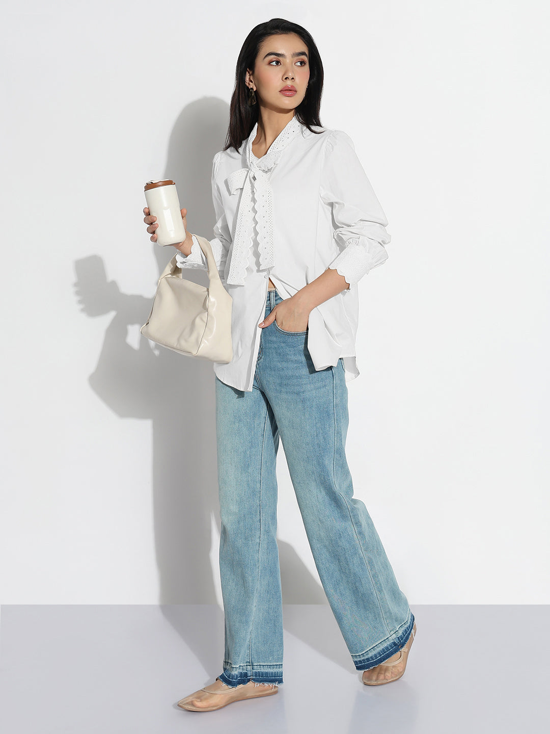 Women's Tie-Up Neck White Shirt with Lace Trim Detail