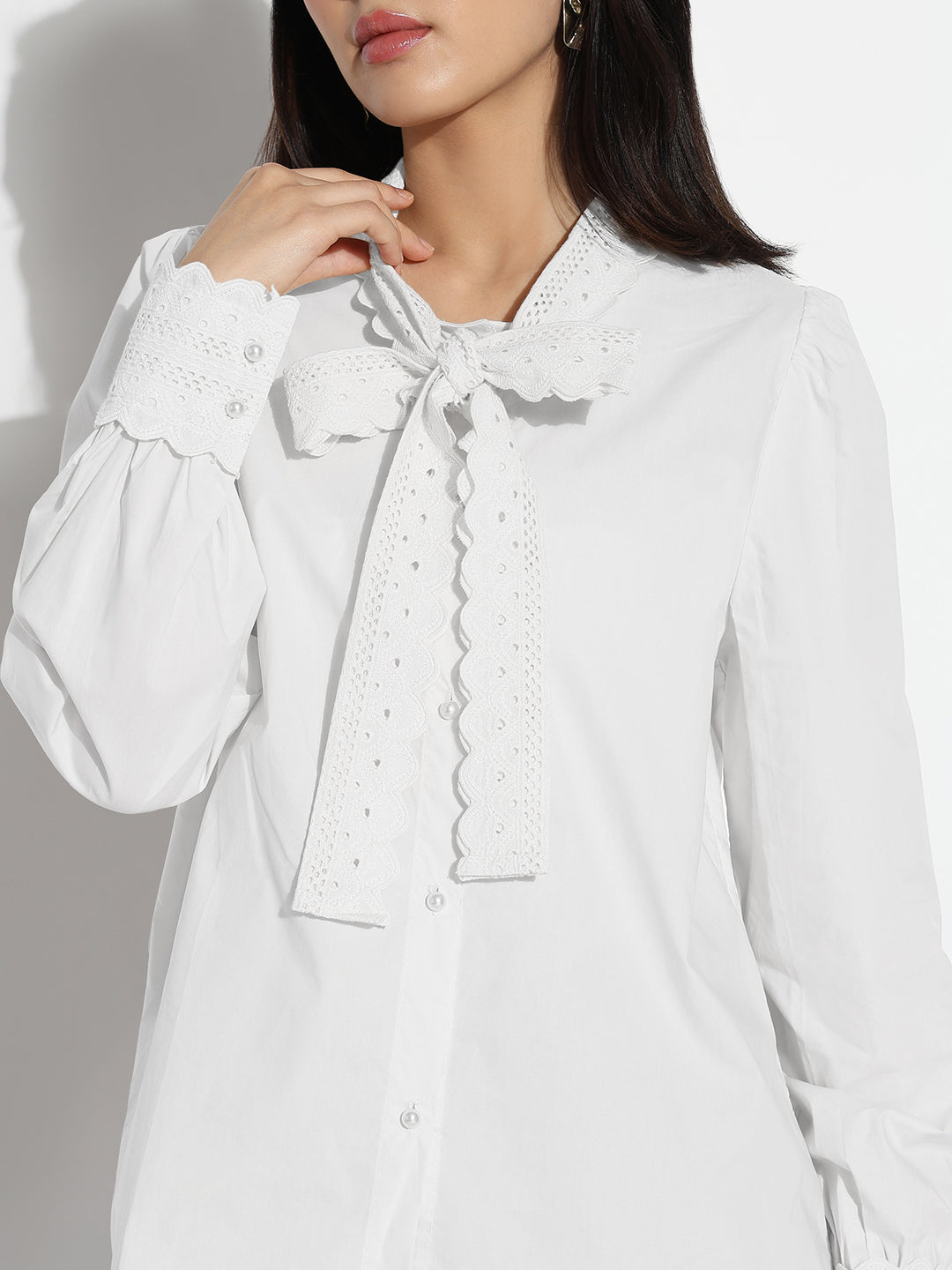 Women's Tie-Up Neck White Shirt with Lace Trim Detail