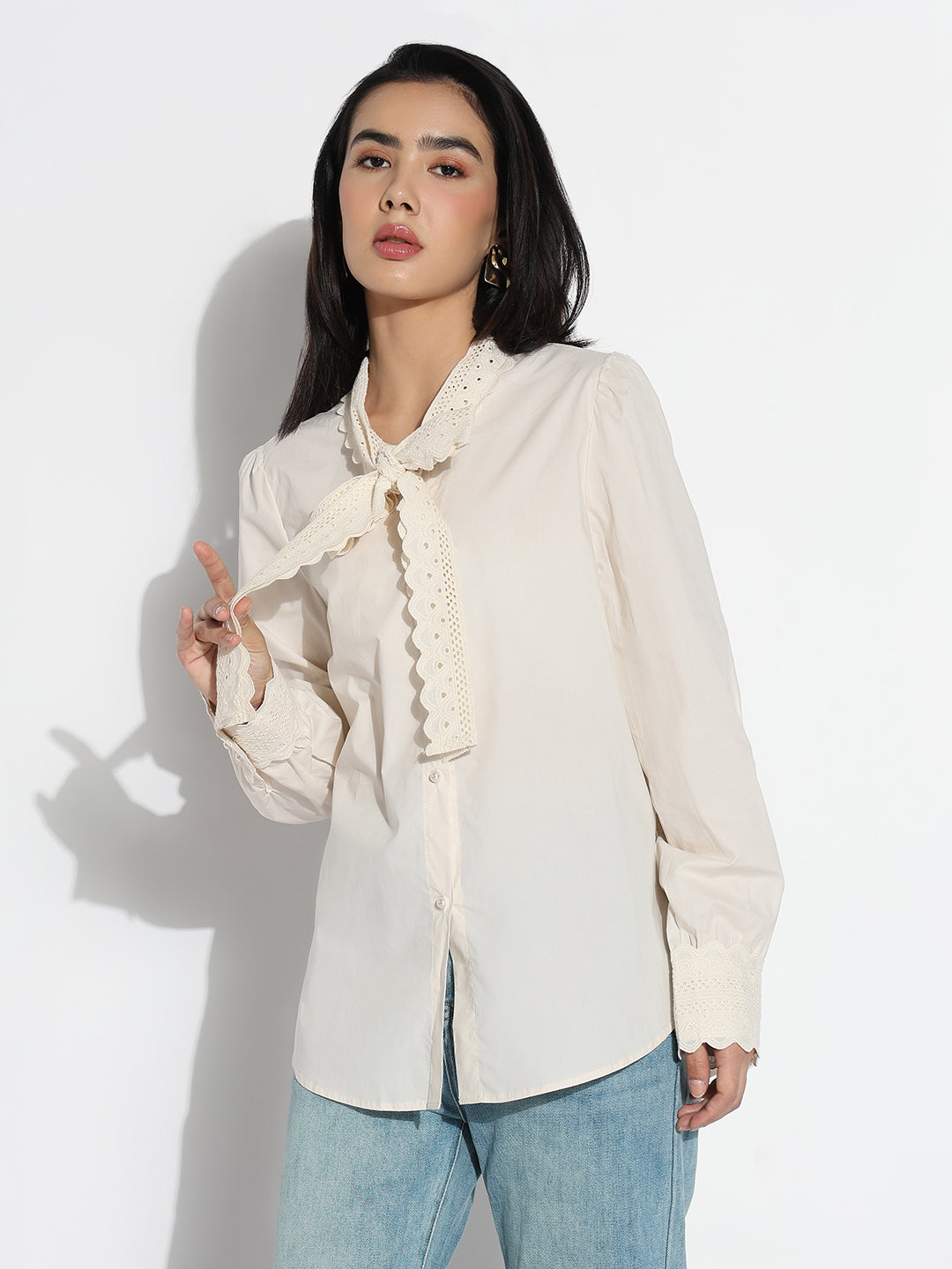 Women Tie-Up Neck Cream Solid Shirt Style Top