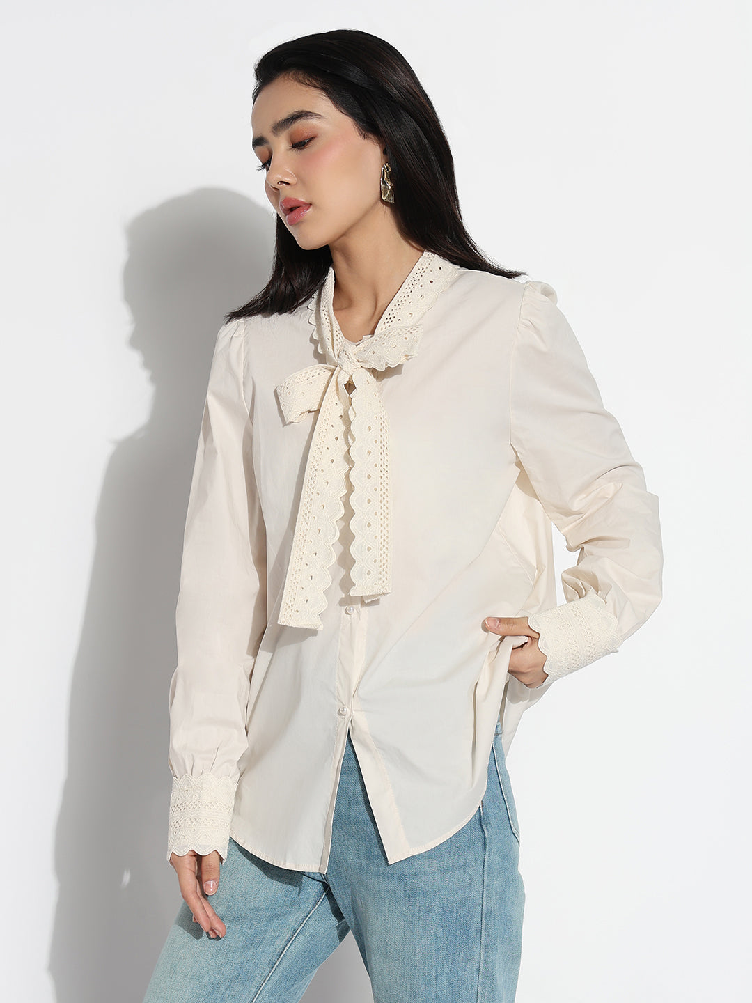 Women Tie-Up Neck Cream Solid Shirt Style Top