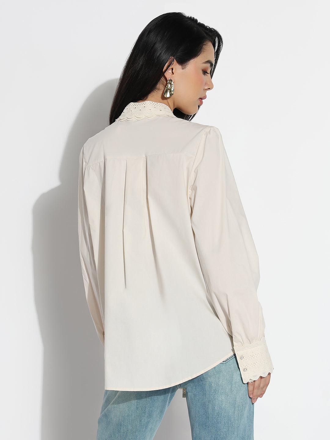 Women Tie-Up Neck Cream Solid Shirt Style Top