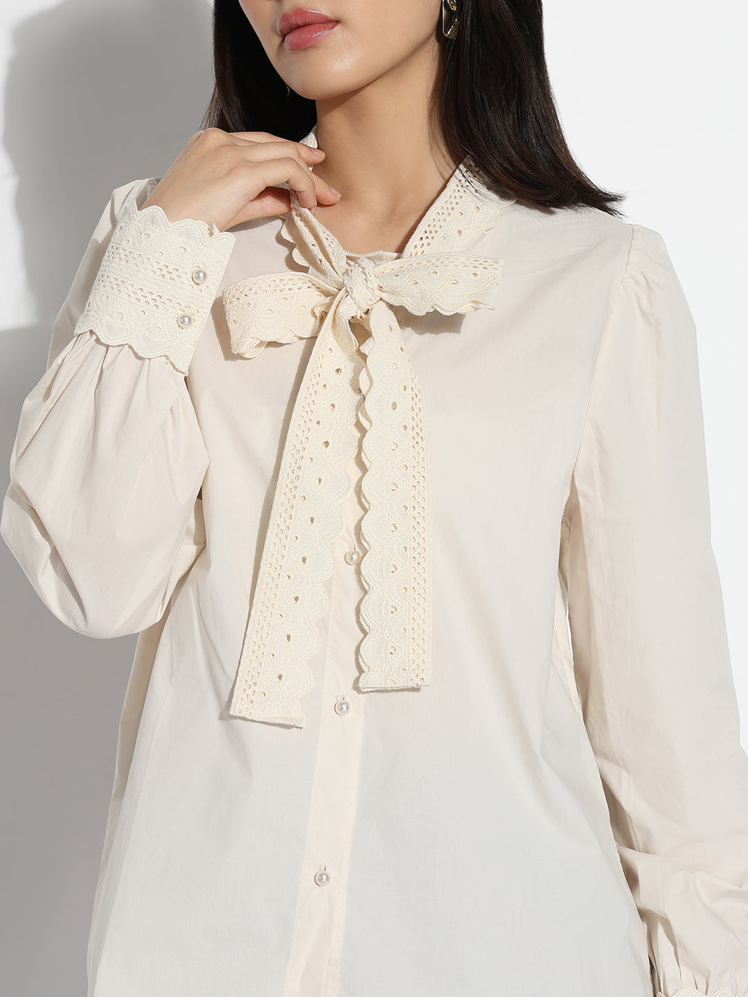 Women Tie-Up Neck Cream Solid Shirt Style Top