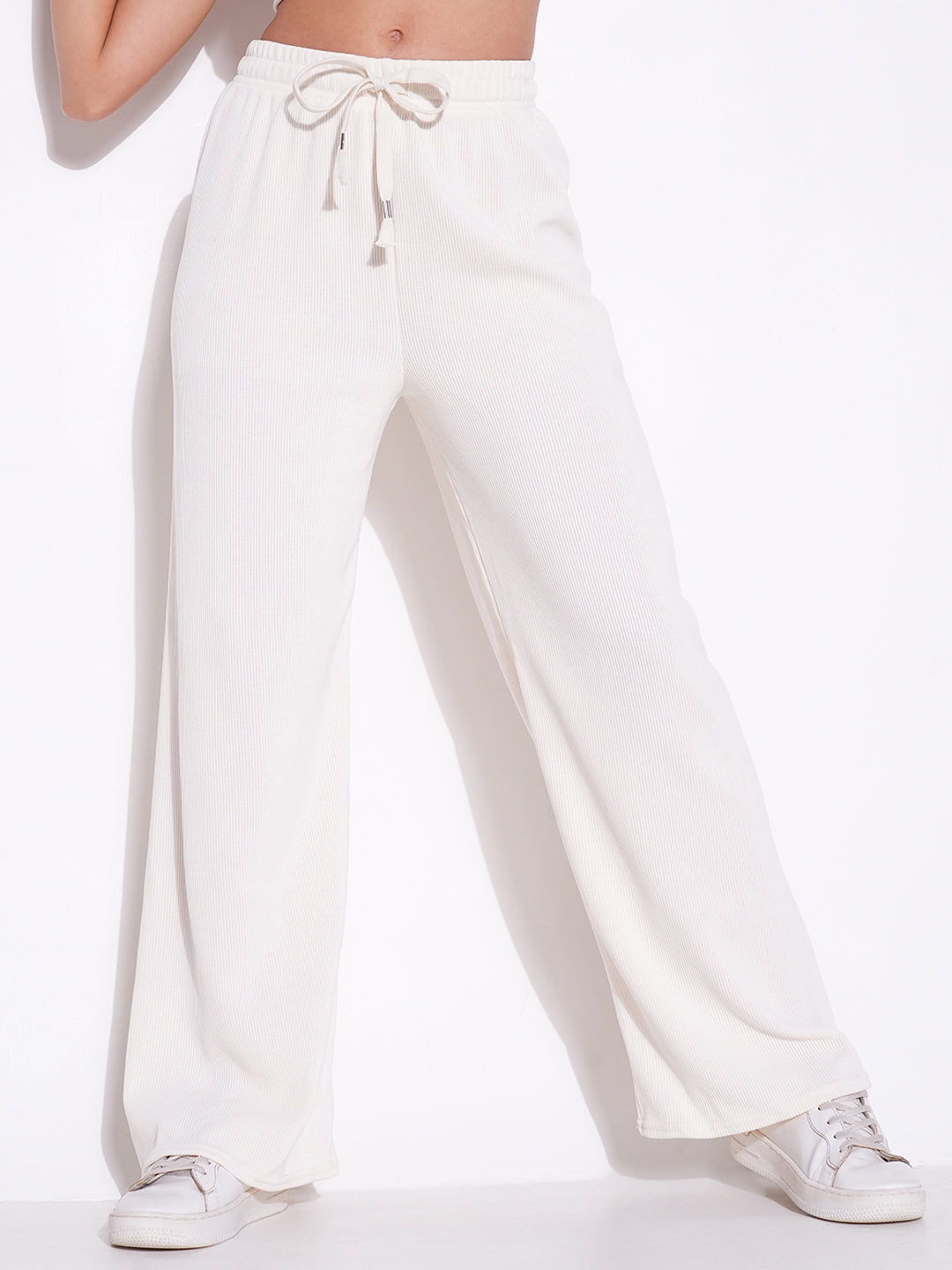 Women Off White Solid Parallel Trousers