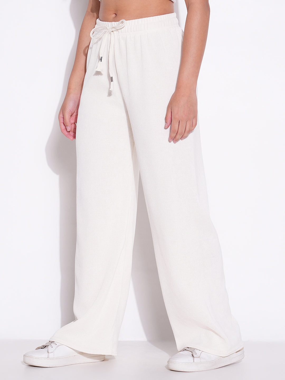 Women Off White Solid Parallel Trousers