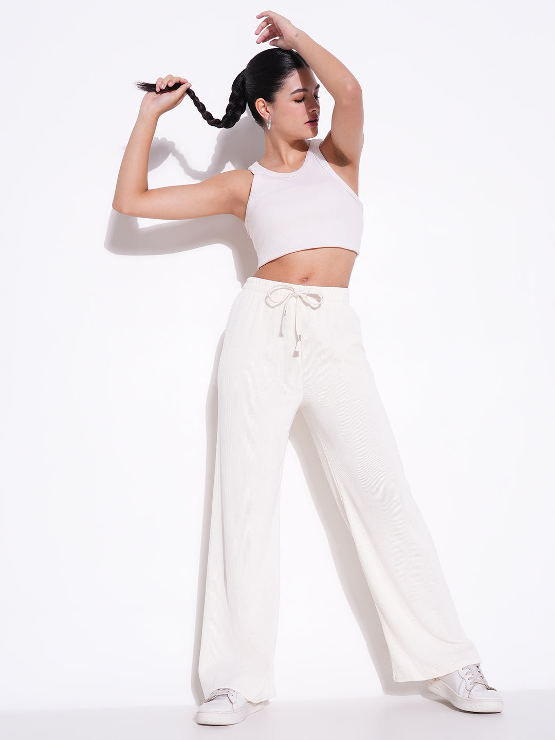 Women Off White Solid Parallel Trousers