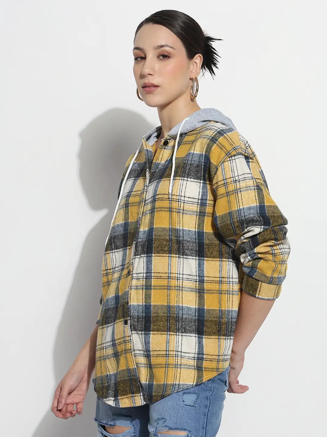 Women's Checked Yellow Regular Fit Shirt with Hood - from SHOWOFFFF