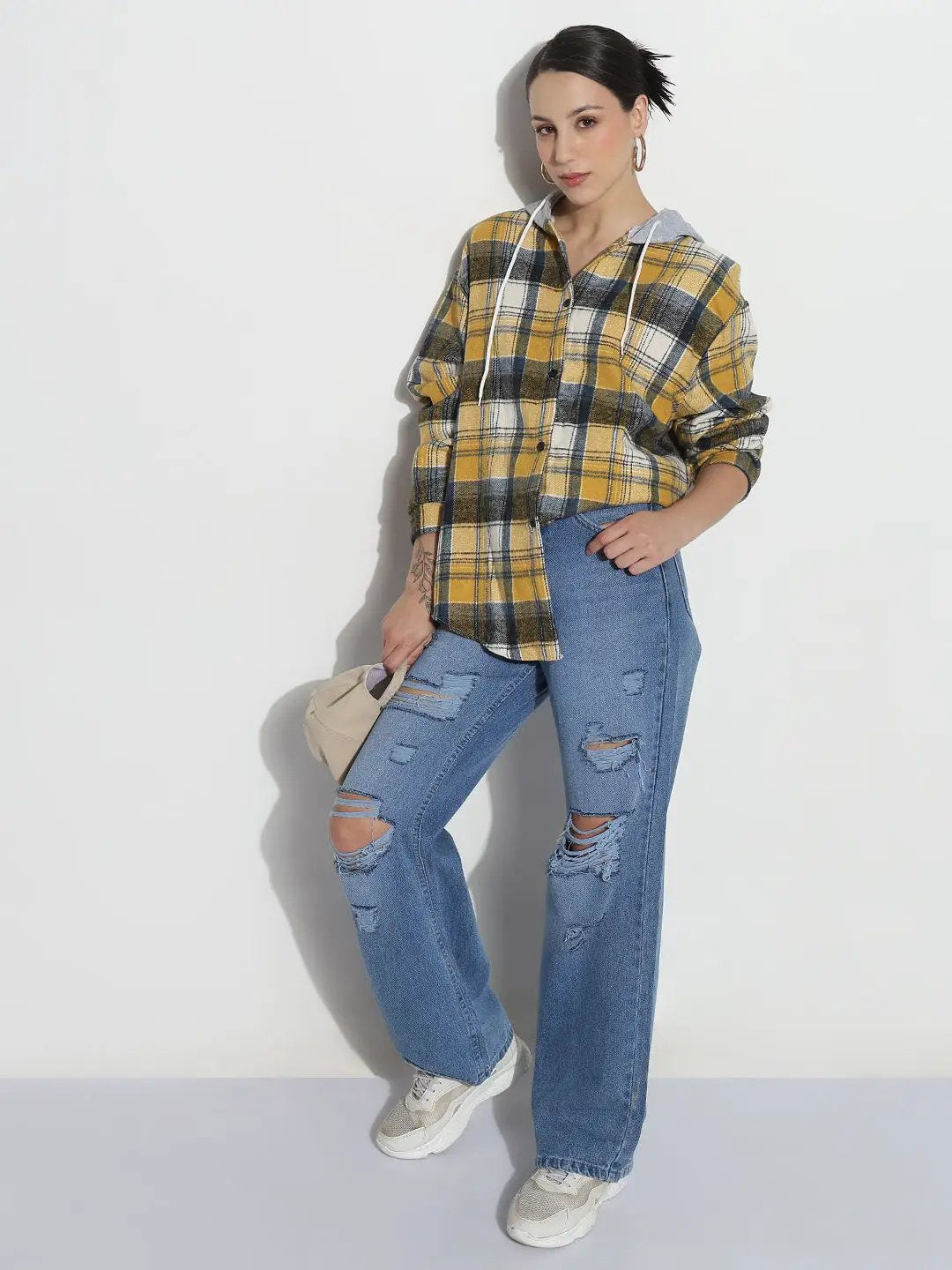 Women's Checked Yellow Regular Fit Shirt with Hood - from SHOWOFFFF