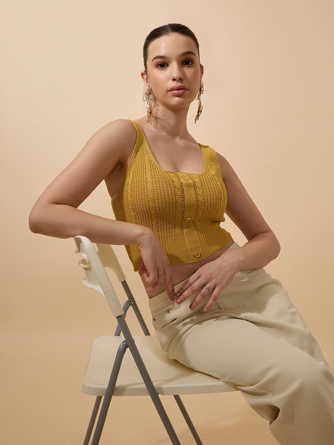 Women's Textured Mustard Sleeveless Knitted Crop Top with Button Detail