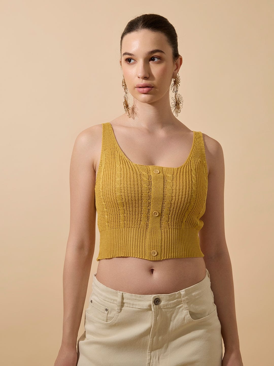 Women's Textured Mustard Sleeveless Knitted Crop Top with Button Detail