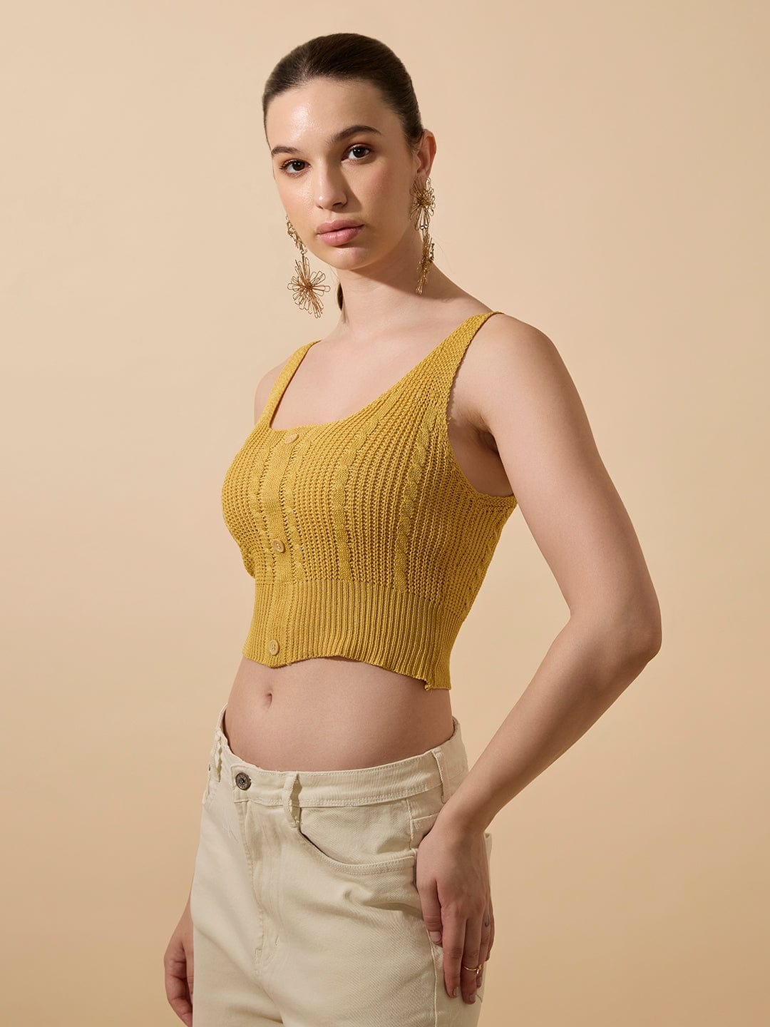 Women's Textured Mustard Sleeveless Knitted Crop Top with Button Detail