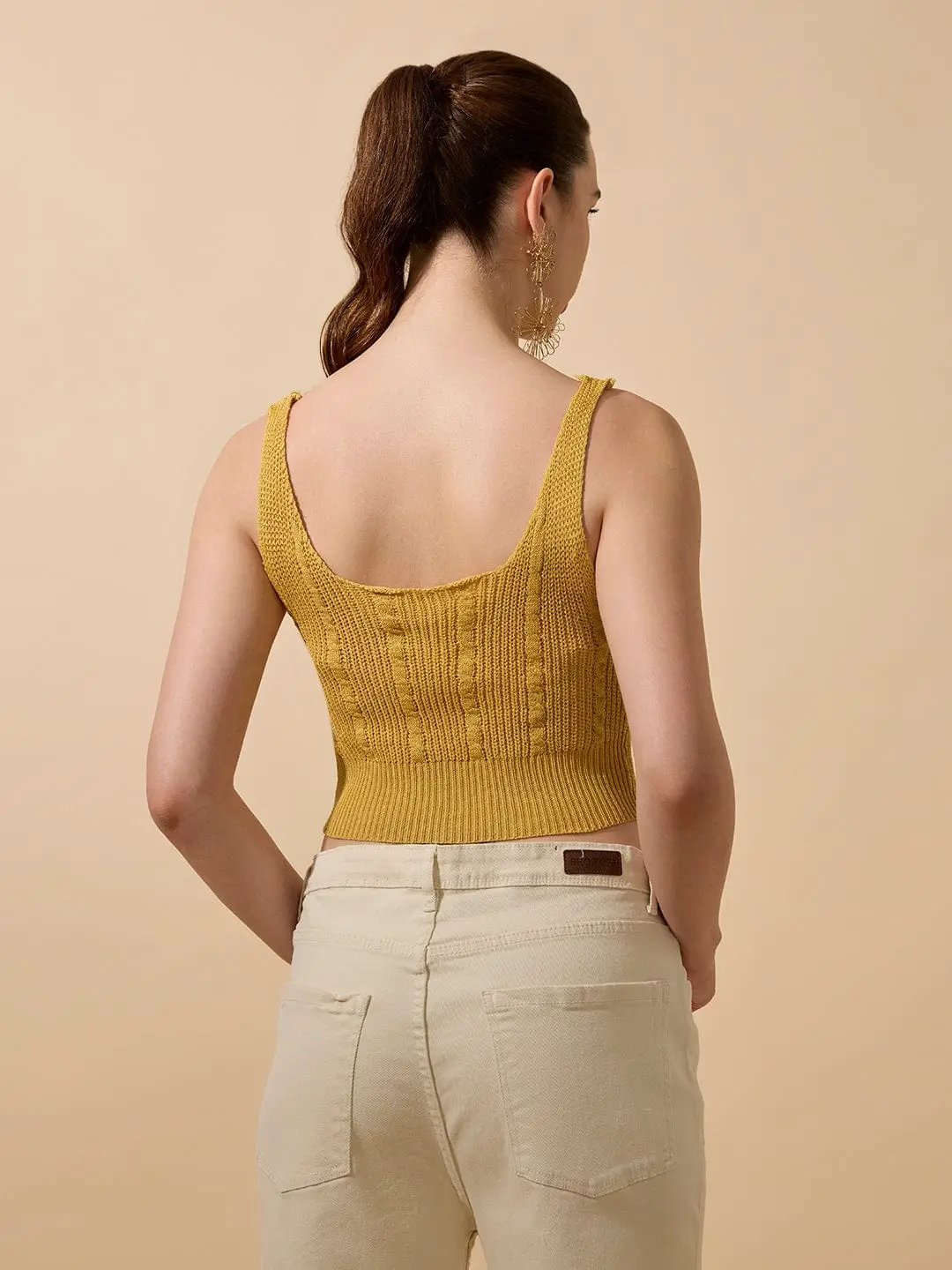 Buy Women's Textured Mustard Sleeveless Knitted Crop Top with