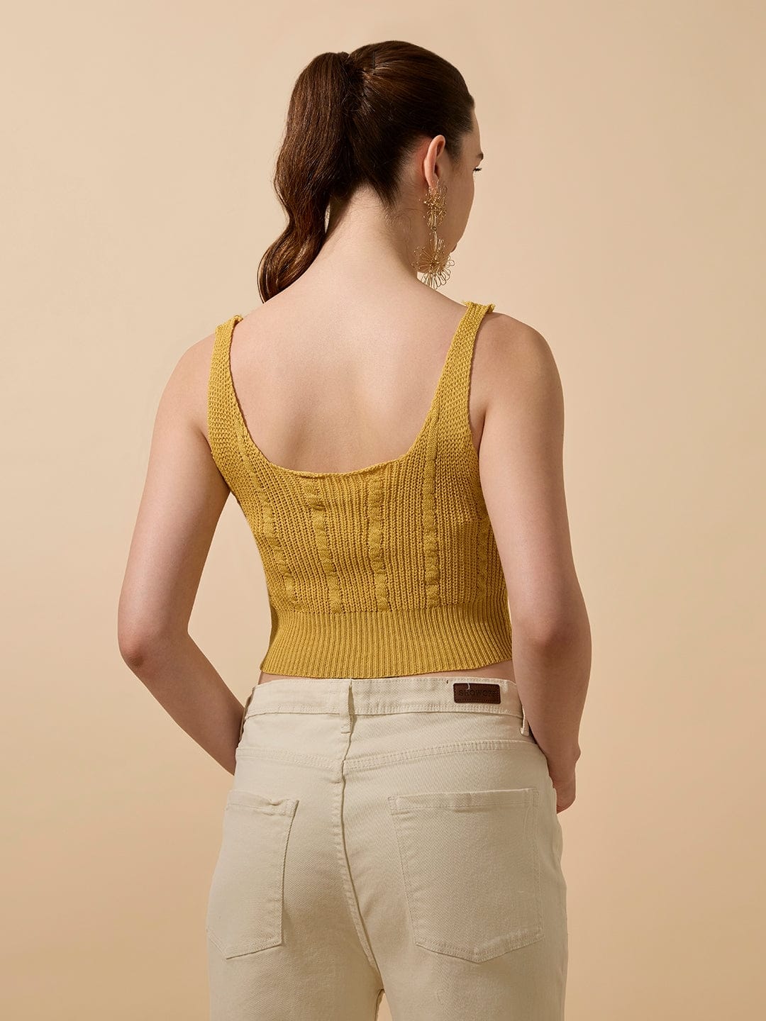 Women's Textured Mustard Sleeveless Knitted Crop Top with Button Detail