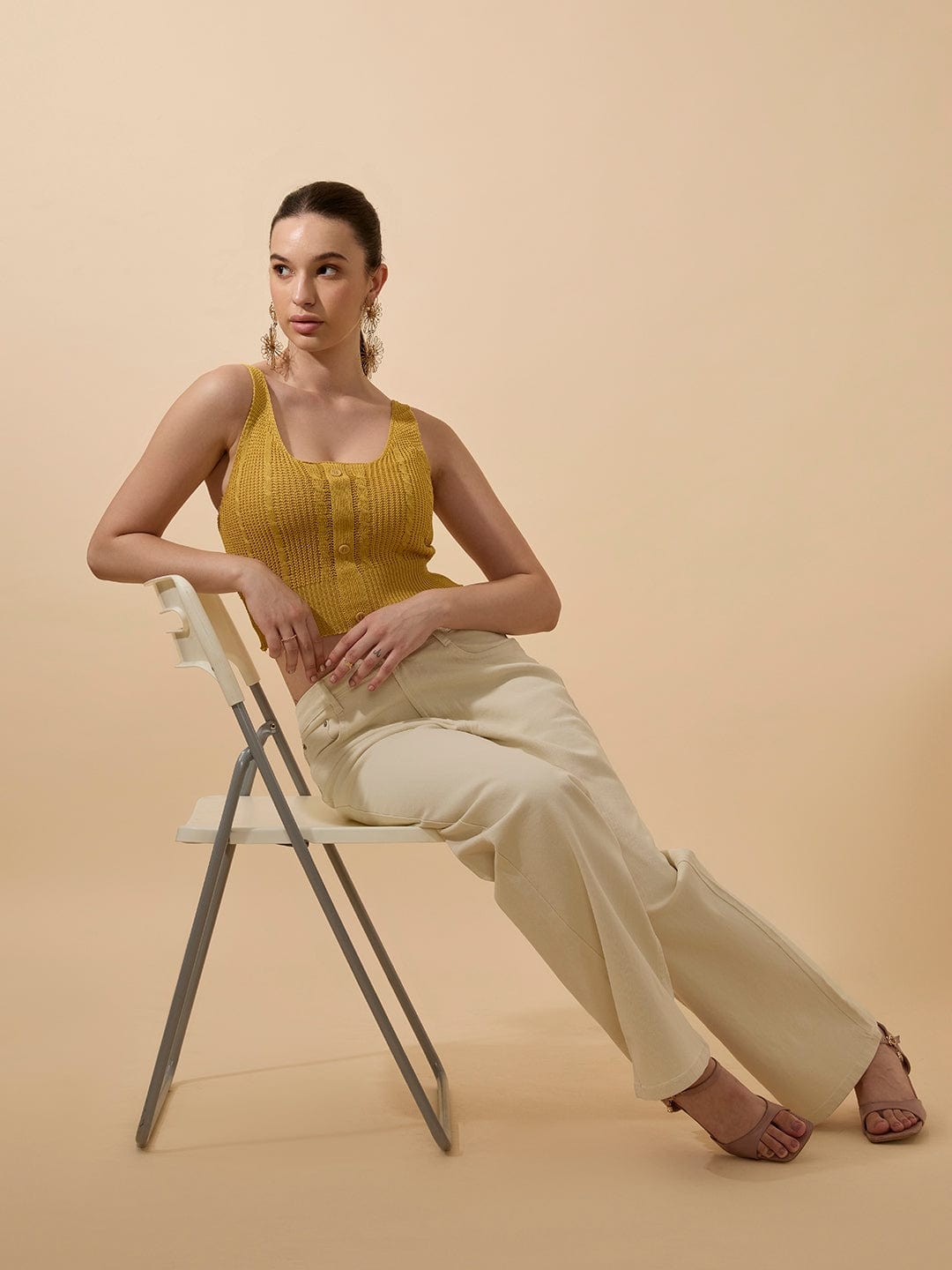 Women's Textured Mustard Sleeveless Knitted Crop Top with Button Detail