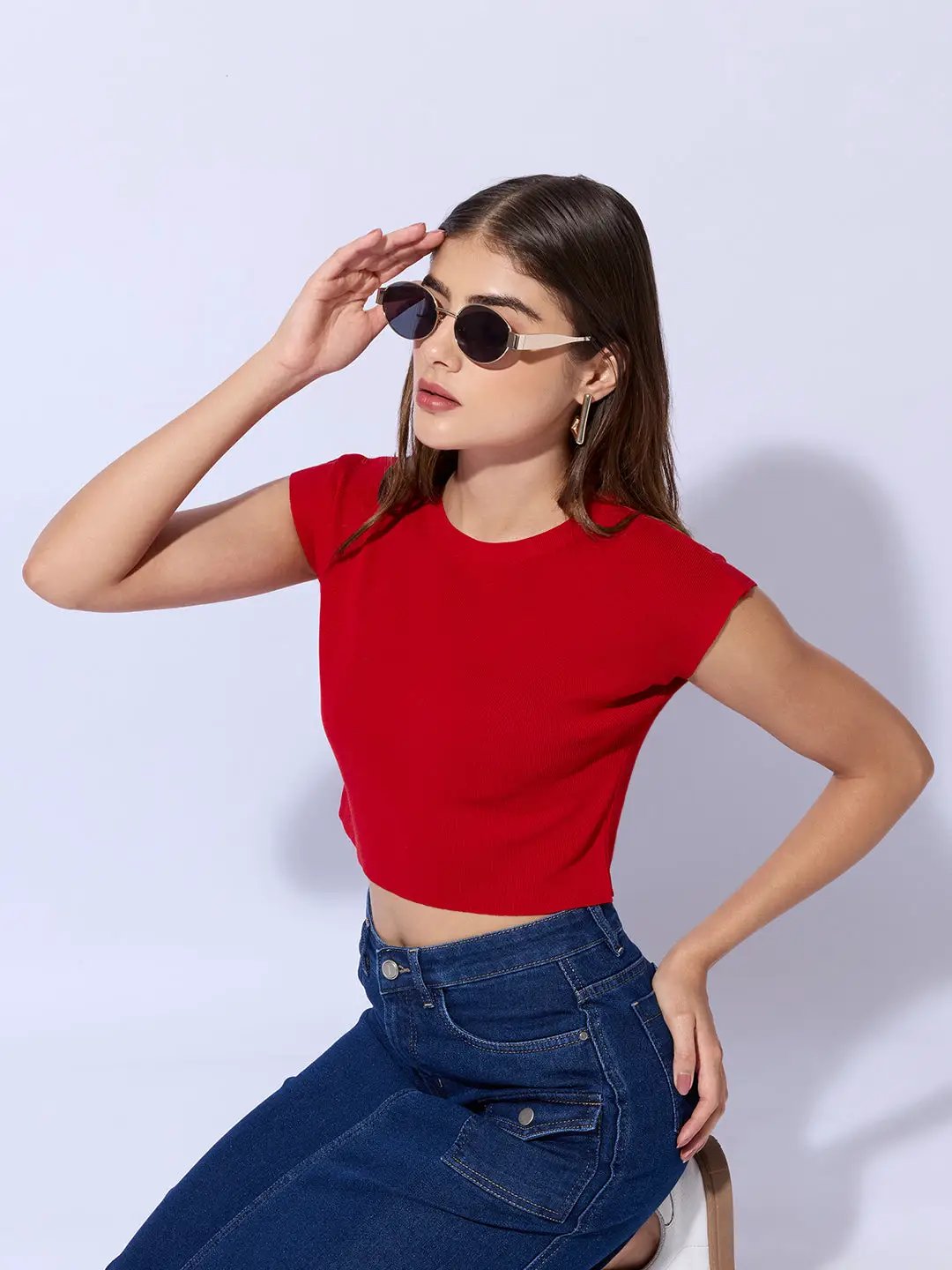 Women's Red Ribbed Fitted Crop Top