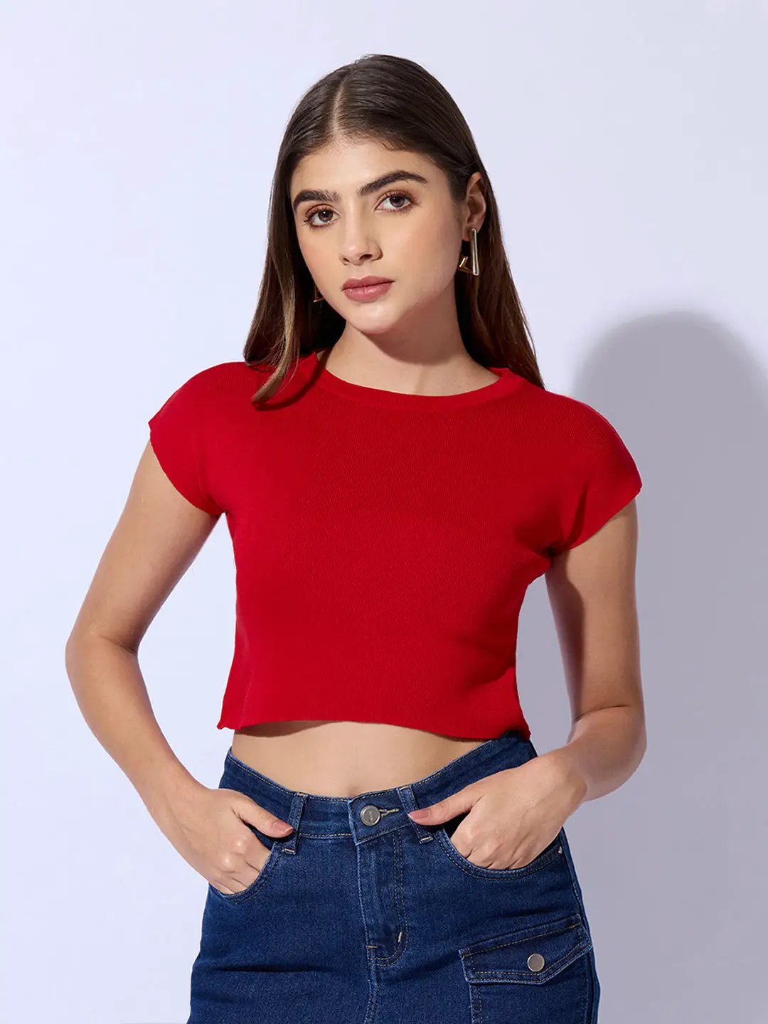 Women's Red Ribbed Fitted Crop Top