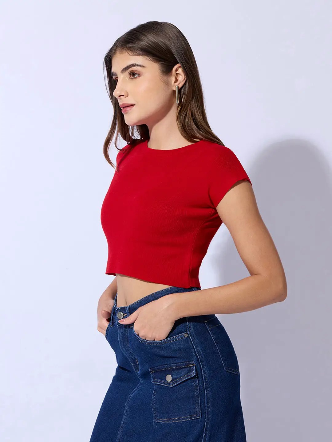 Women's Red Ribbed Fitted Crop Top - Uncategorized from SHOWOFFFF