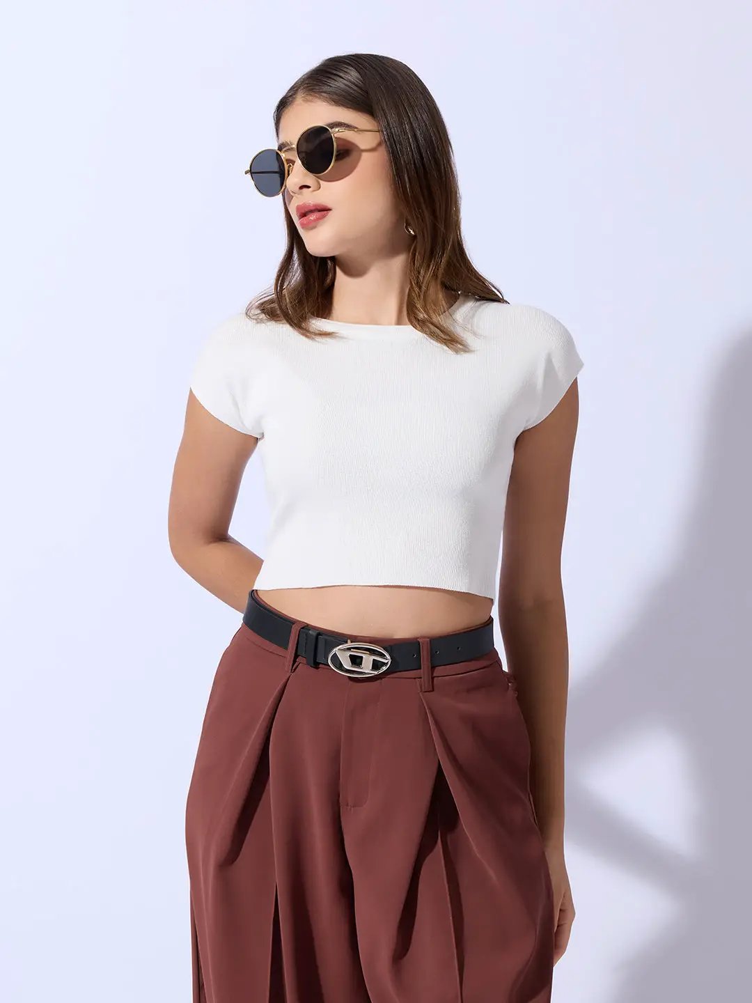 Women's White Ribbed Fitted Crop Top
