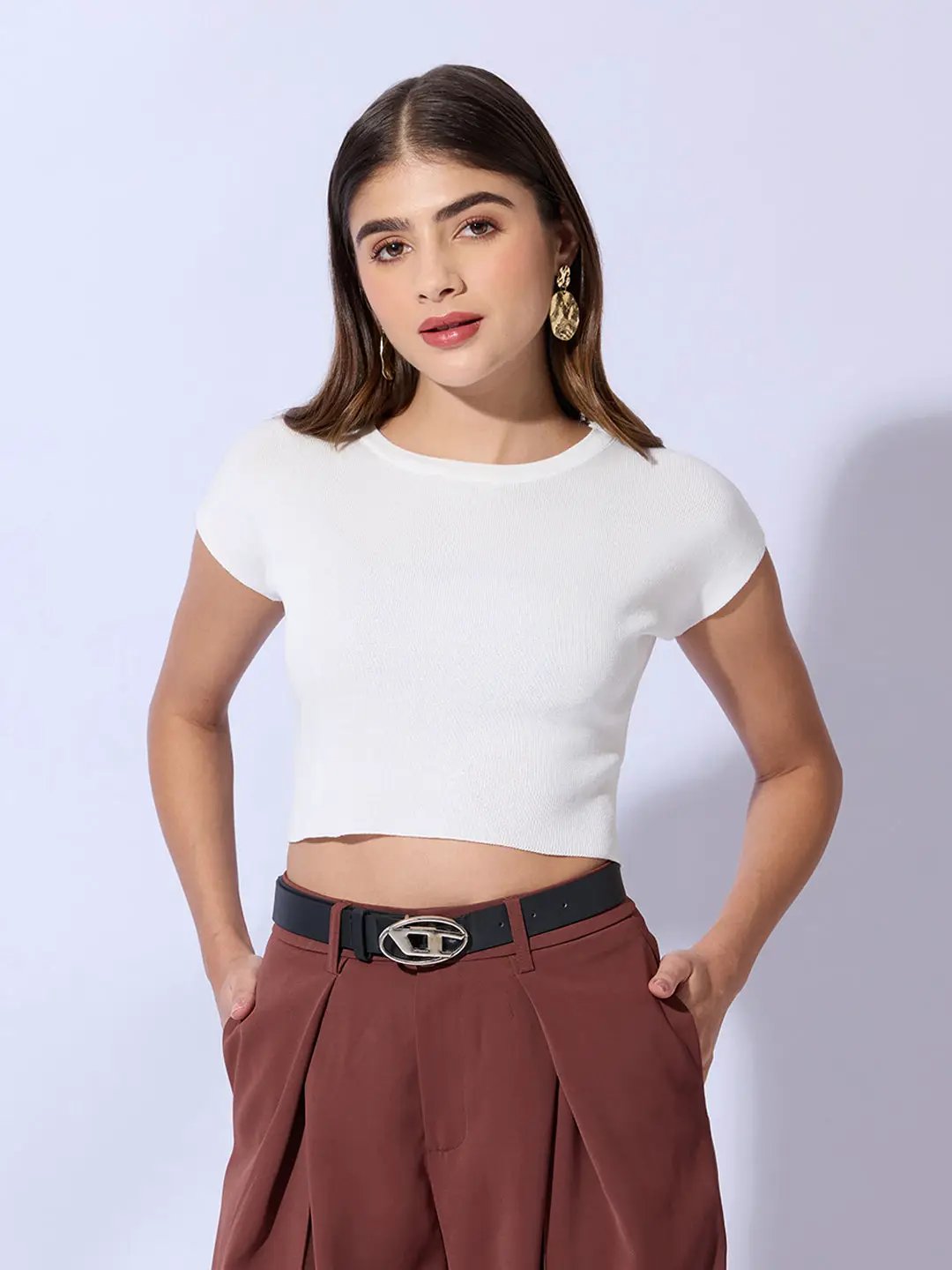 Women's White Ribbed Fitted Crop Top