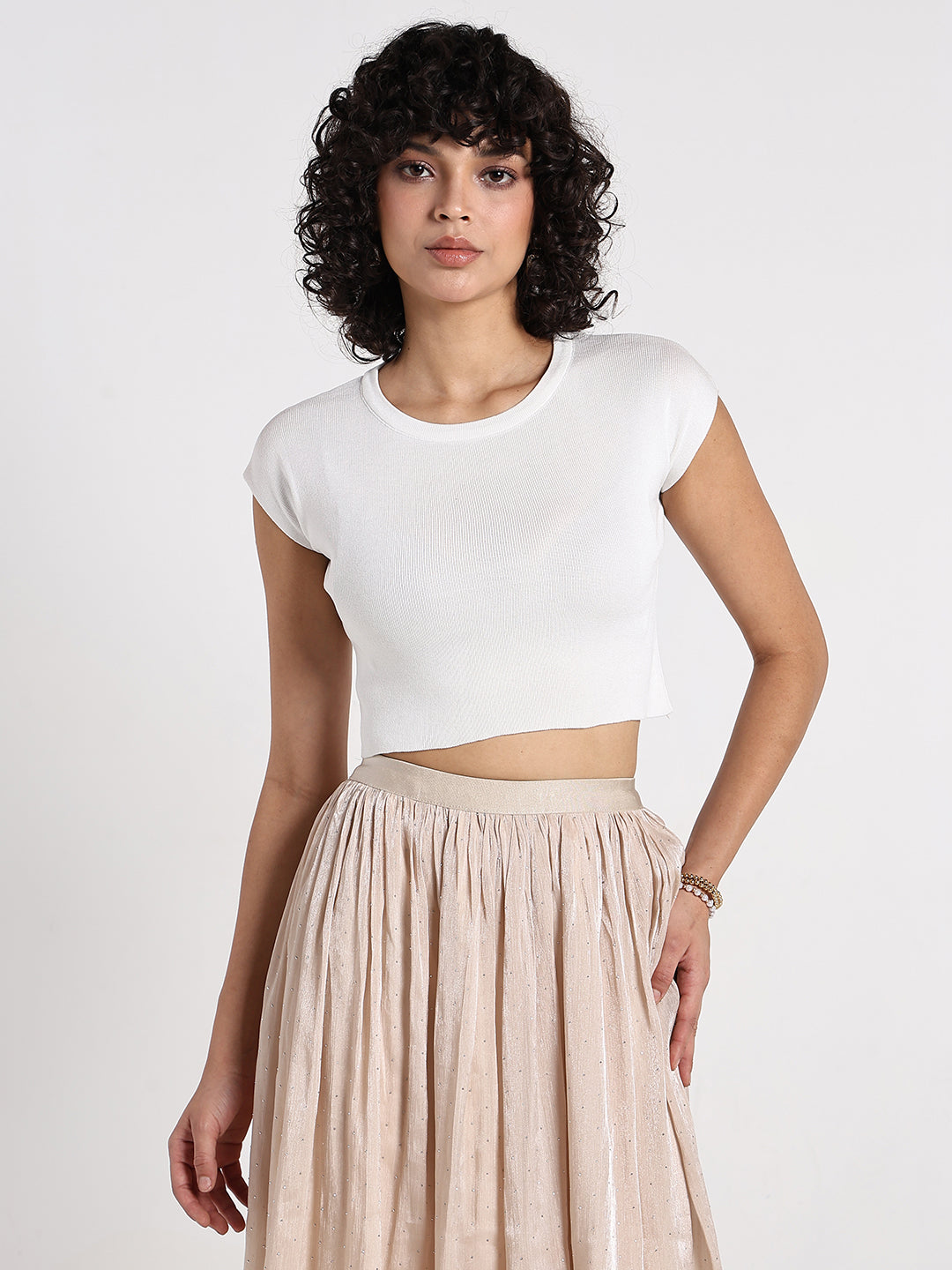 Women's White Ribbed Fitted Crop Top