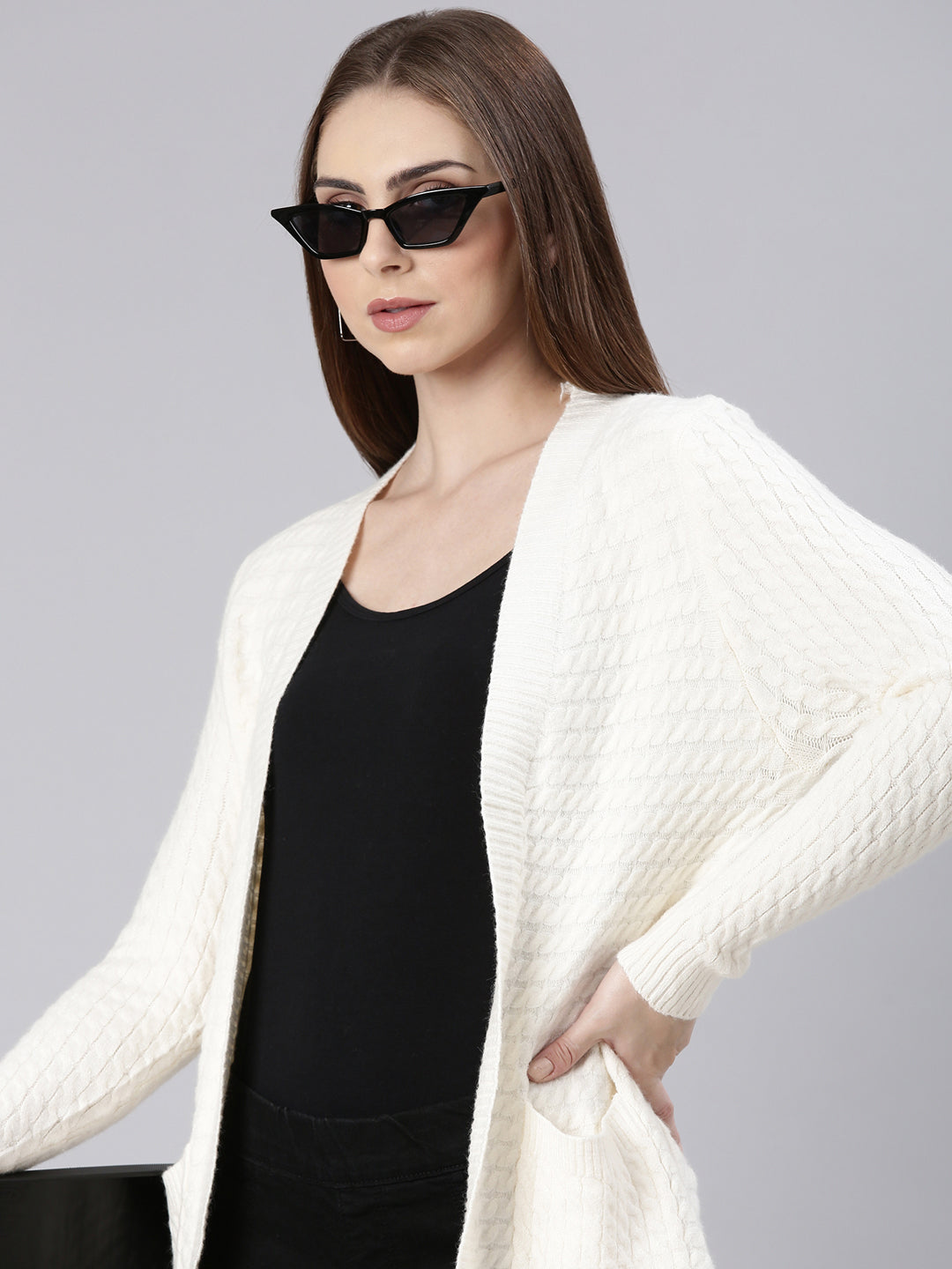 Women's Cream Self Design Longline Shrug