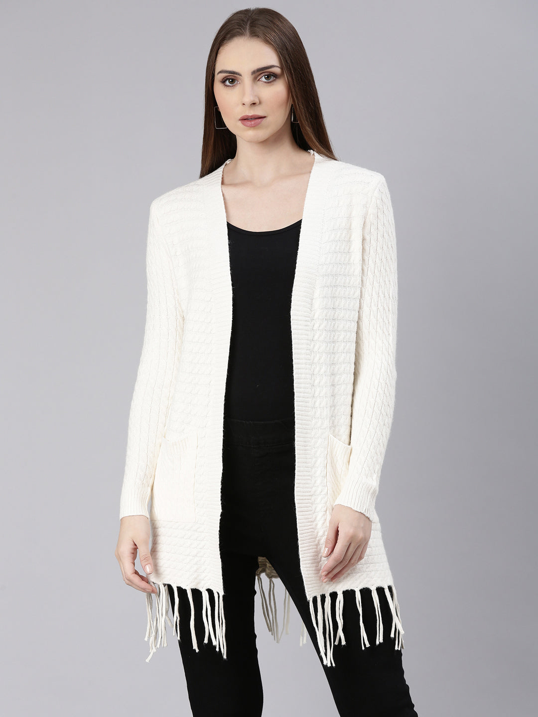 Women's Cream Self Design Longline Shrug