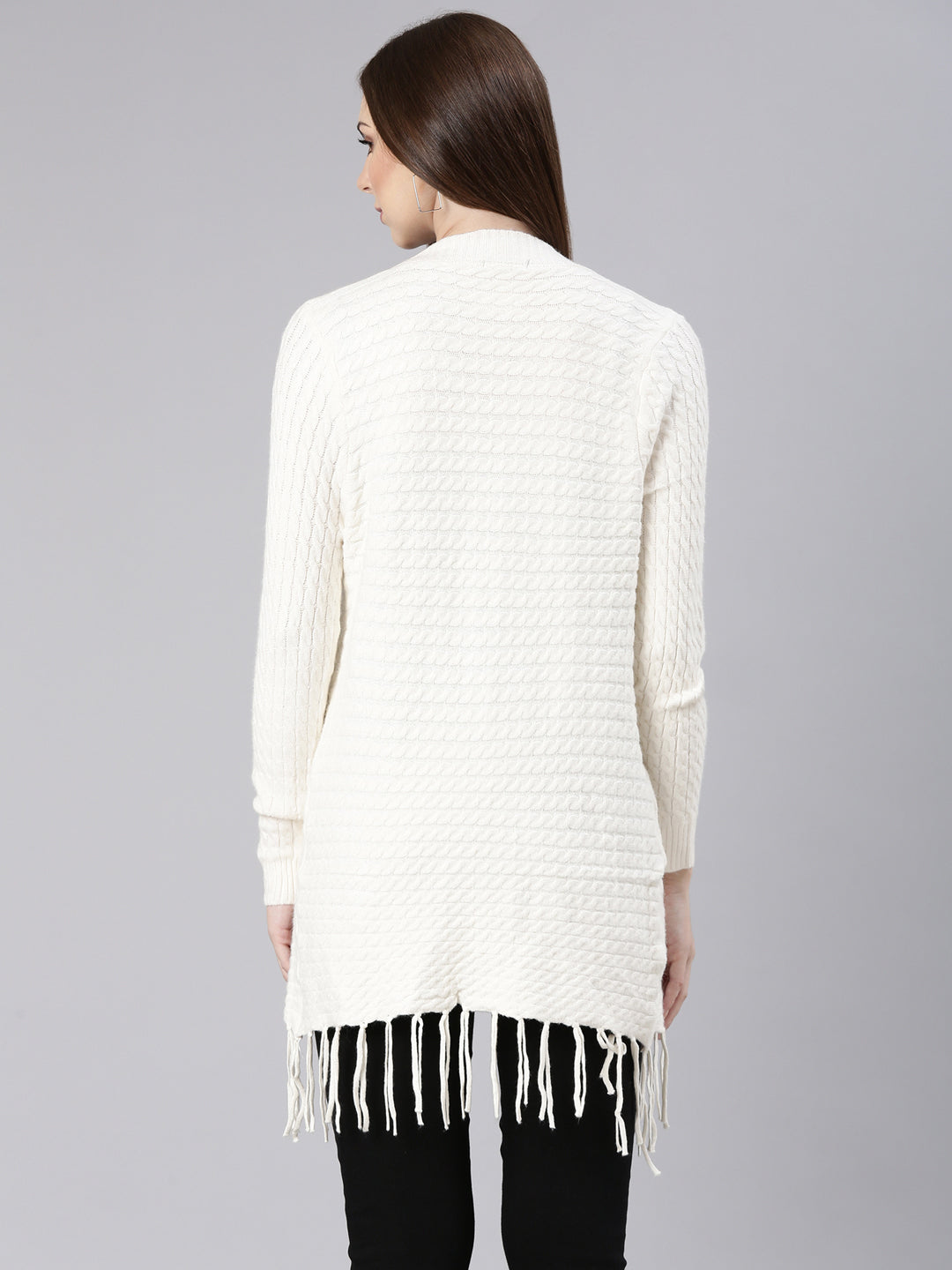 Women's Cream Self Design Longline Shrug