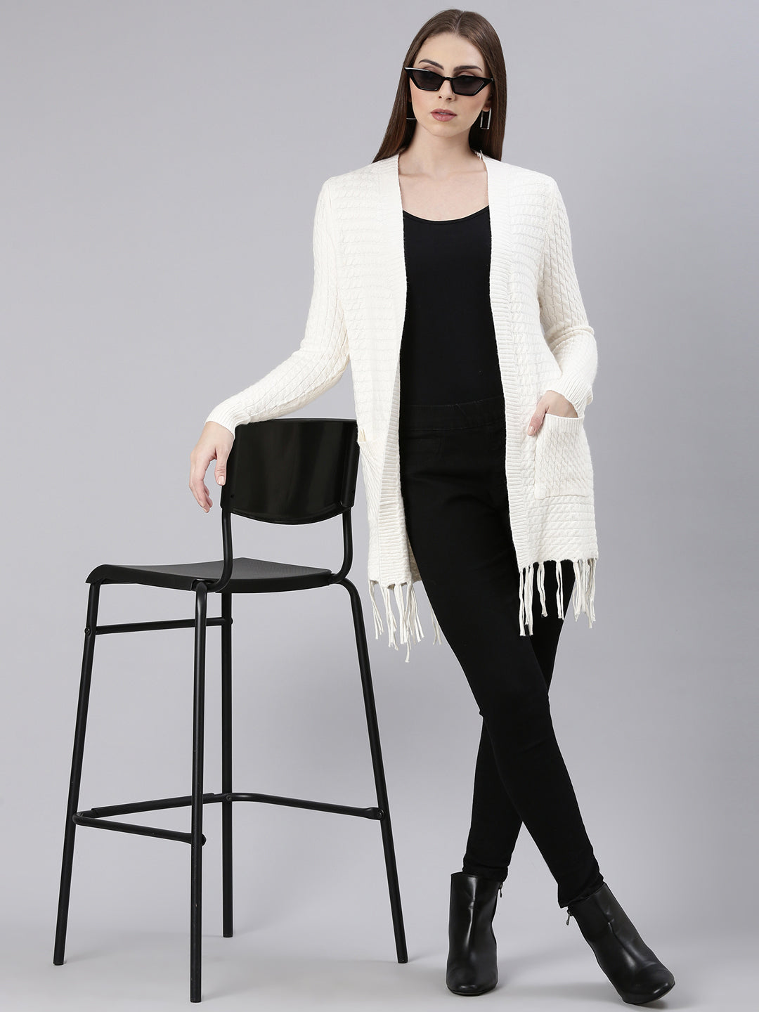 Women's Cream Self Design Longline Shrug