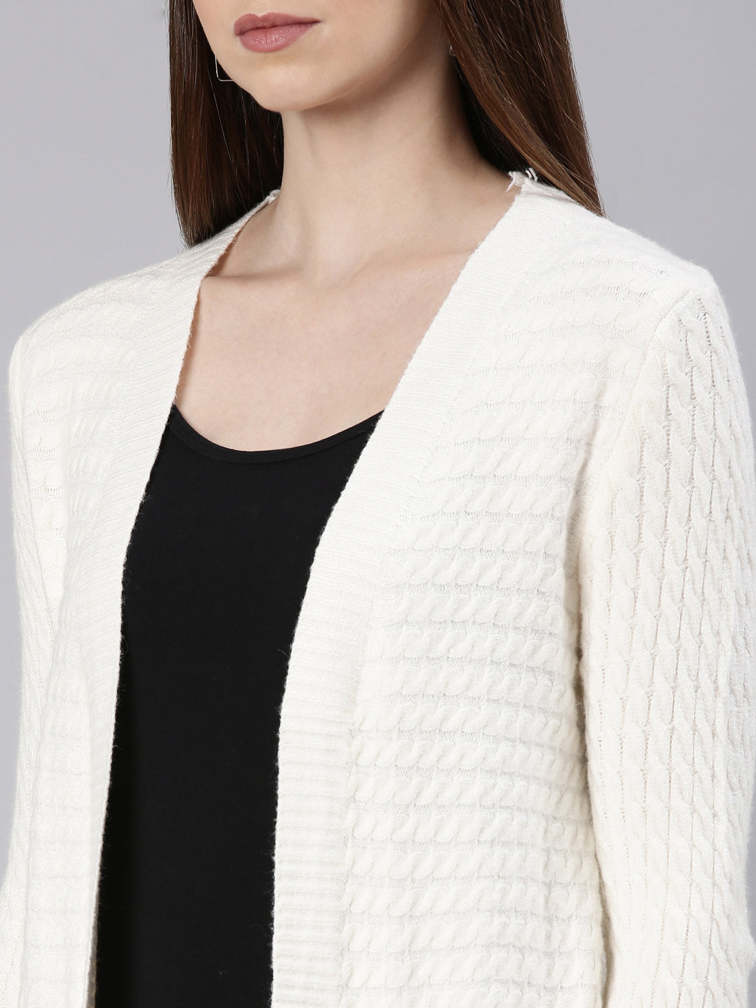 Women's Cream Self Design Longline Shrug