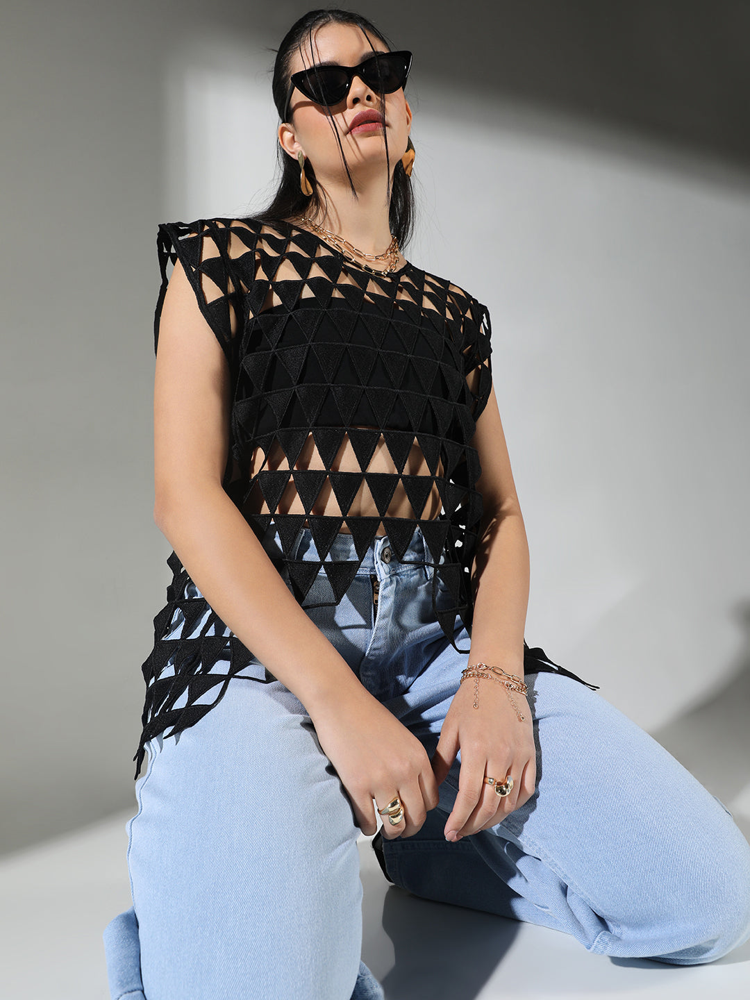 Women Black Solid Crochet Top