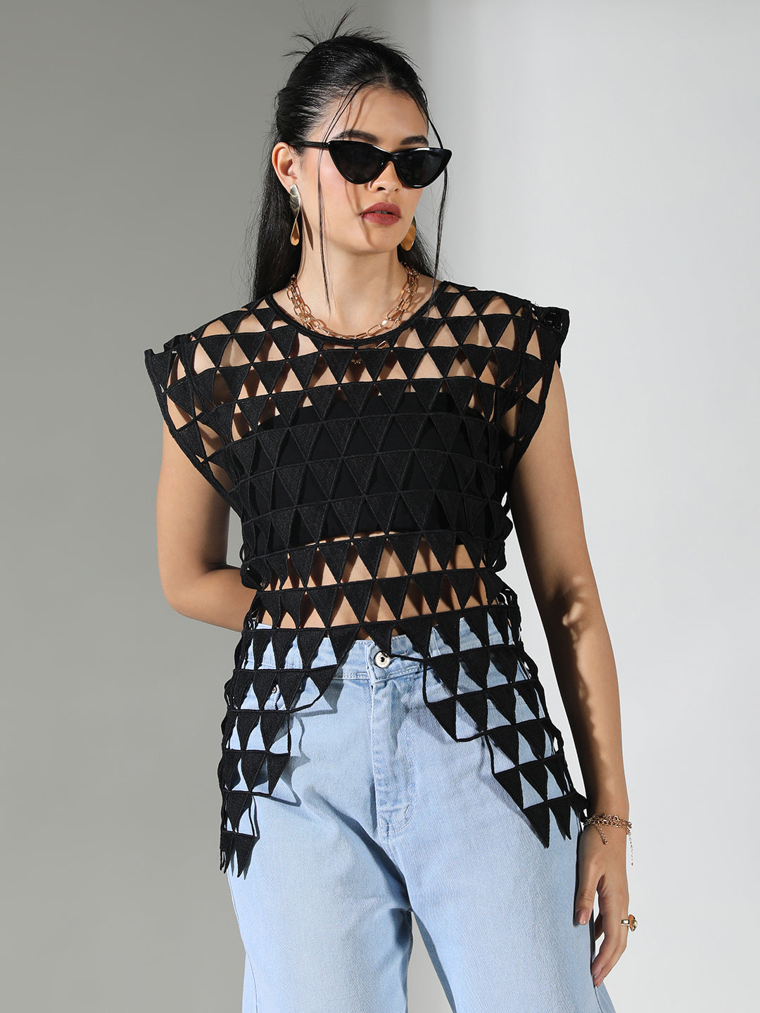 Women Black Solid Crochet Top