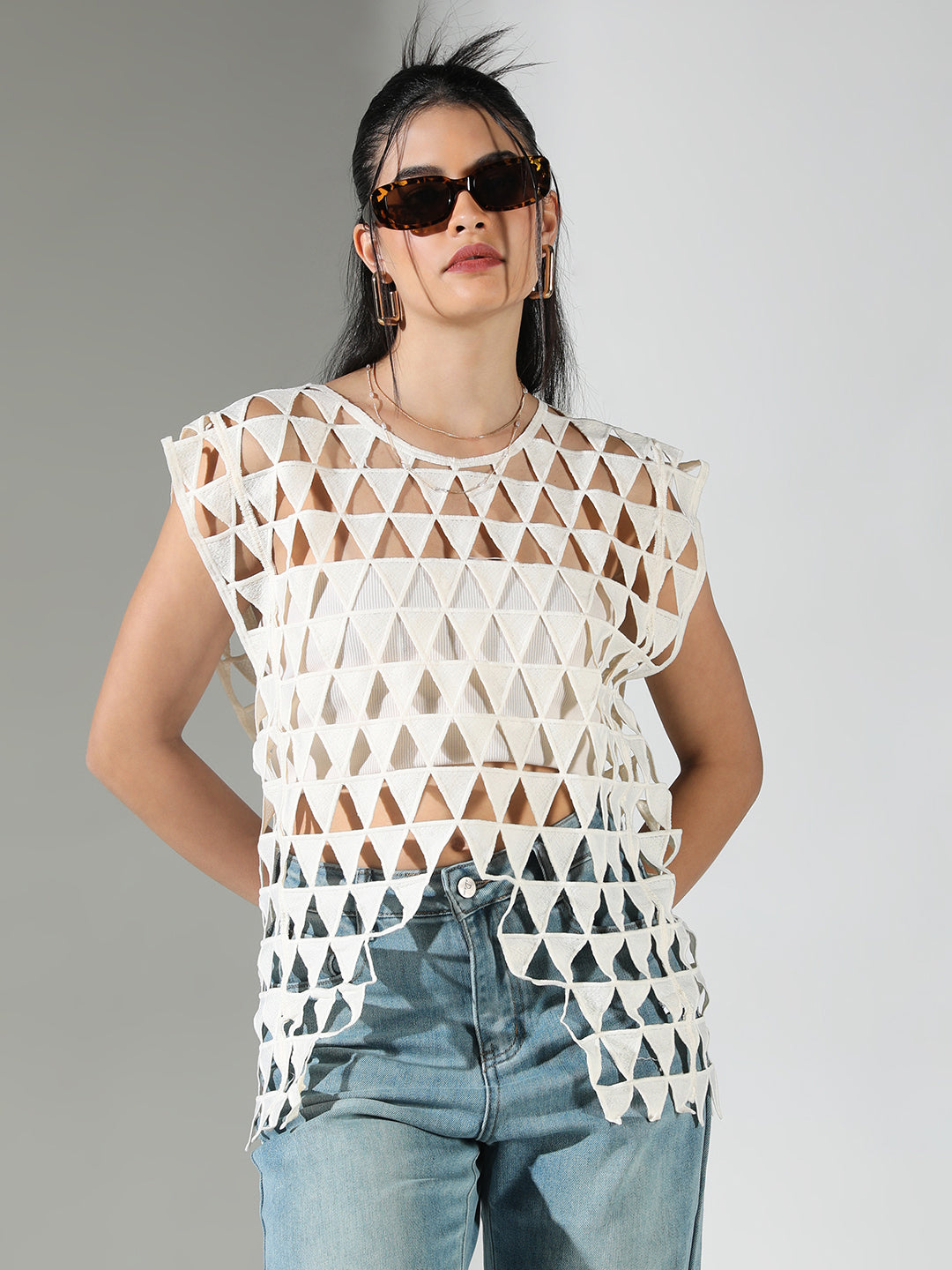 Women Off White Solid Crochet Top