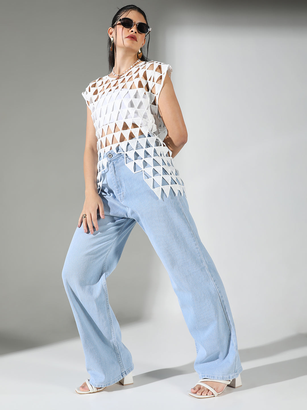 Women White Solid Crochet Top