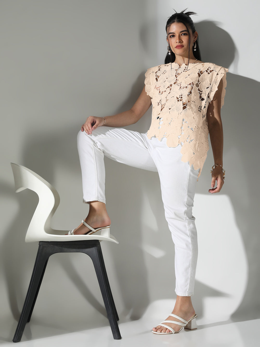 Women Floral Cream Round Neck Crochet Top